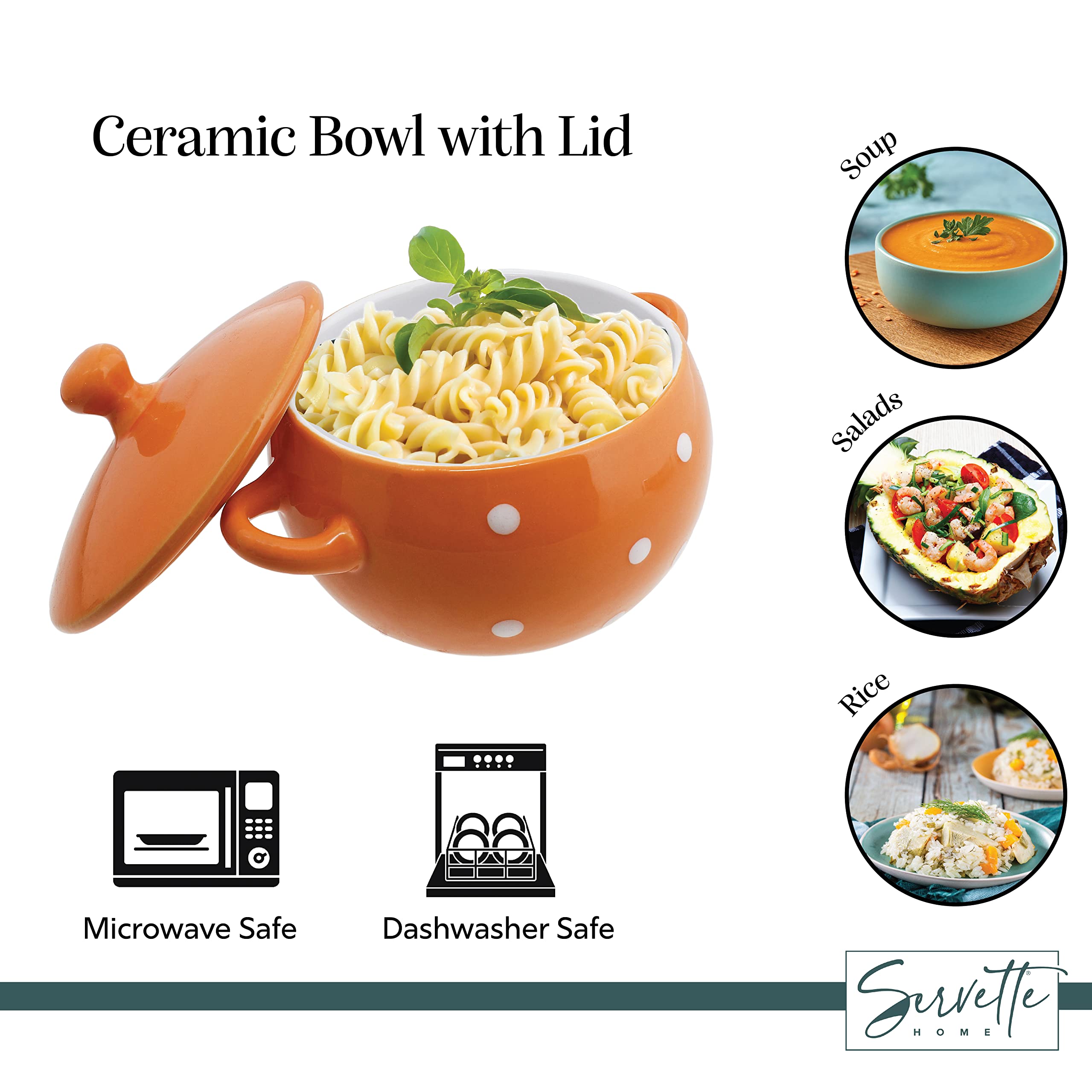 Servette Ceramic Soup Bowls with Handles and Lids - Set of 2 Polka Dot Bowls in Orange & Green - Perfect for Home Dining, Soup, Cereal, and Pasta Serving