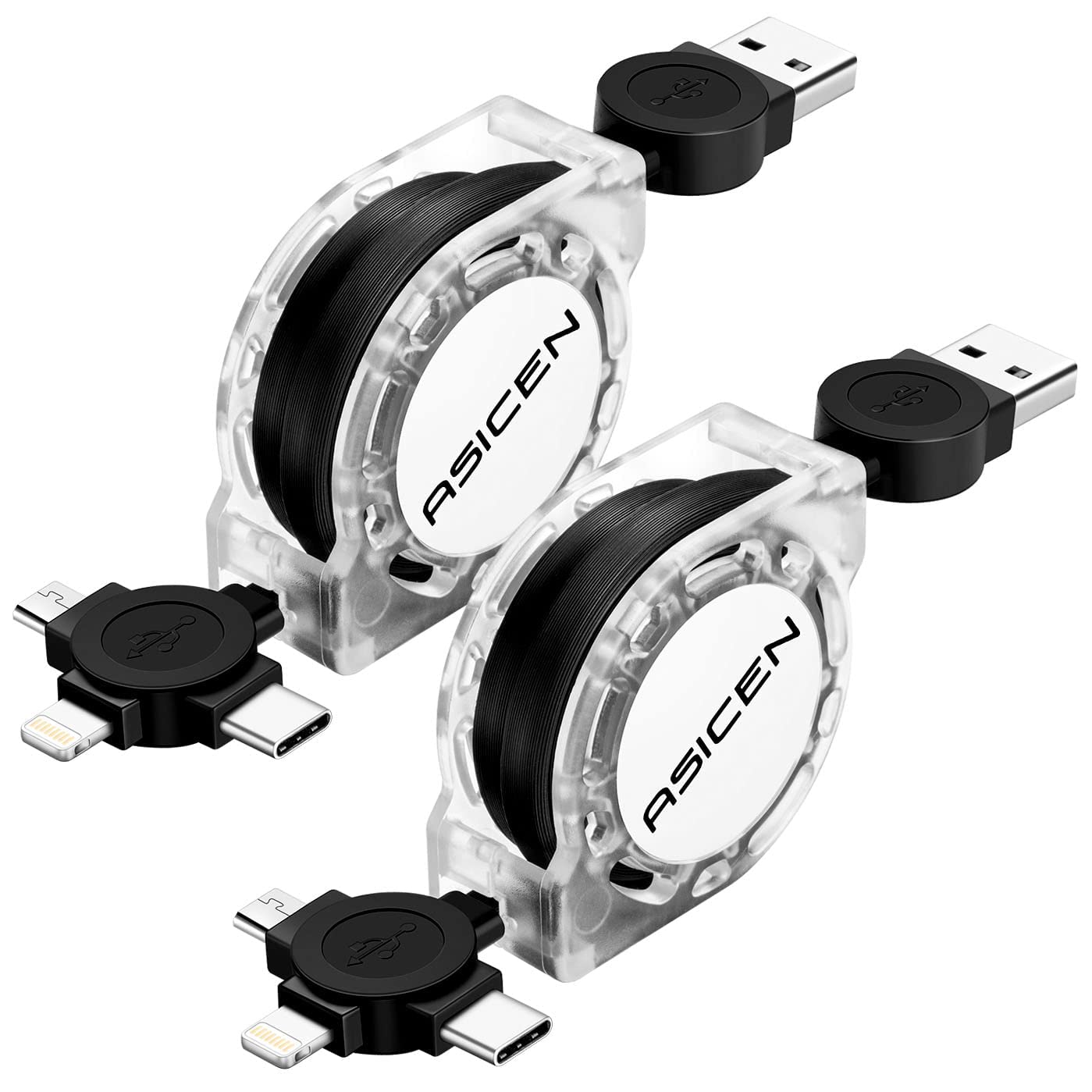 3.3ft 2-Pack Retractable Fast Charging Cable - 3-in-1 USB C/Micro USB/Lightning Charger Cord for iPhone 15/14/13, iPad, Samsung Galaxy, PS5, Tablets & More | Portable Travel & Home Office Charging Solution