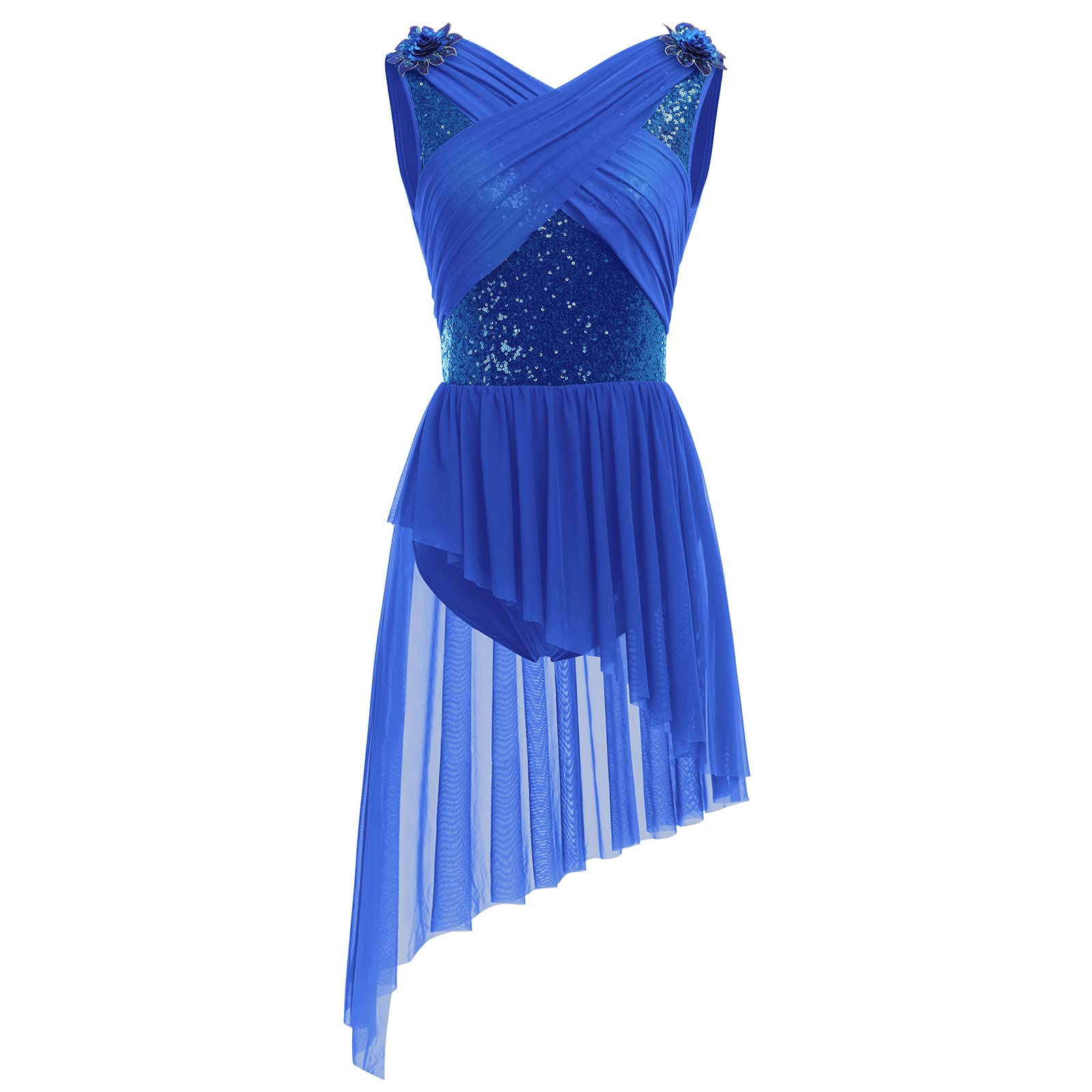 AFAVOM Women's Lyrical Dance Dress with Sequin Flower & Asymmetric Flowy Tulle Skirt – Elegant Contemporary Dance Costume for Performances, Recitals & Competitions