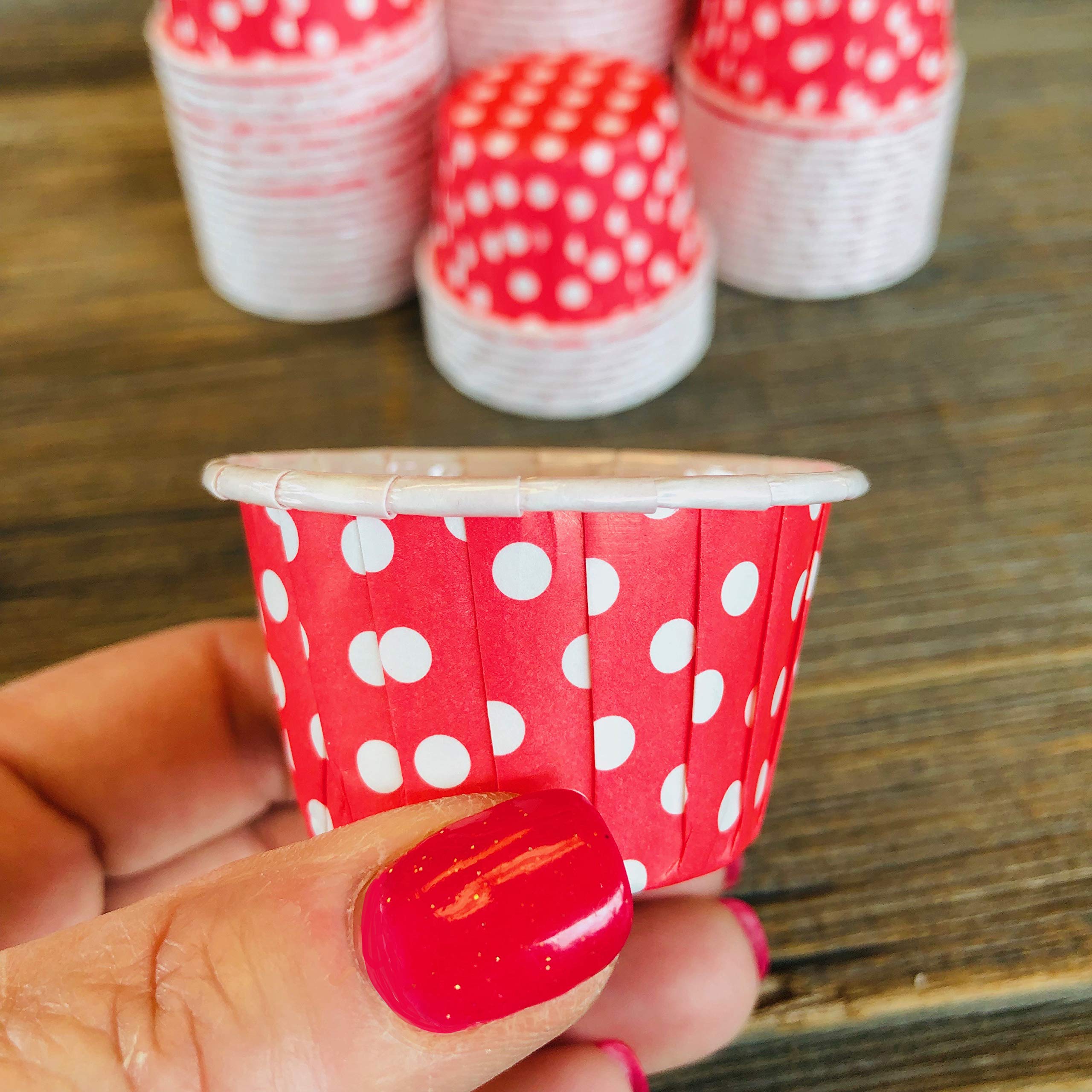 Red Mini Candy Nut Paper Cups - 100 Pack Bulk Baking Liners with Red Polka Dots - Perfect for Valentine's Day, 4th of July Parties & Holiday Dessert Displays