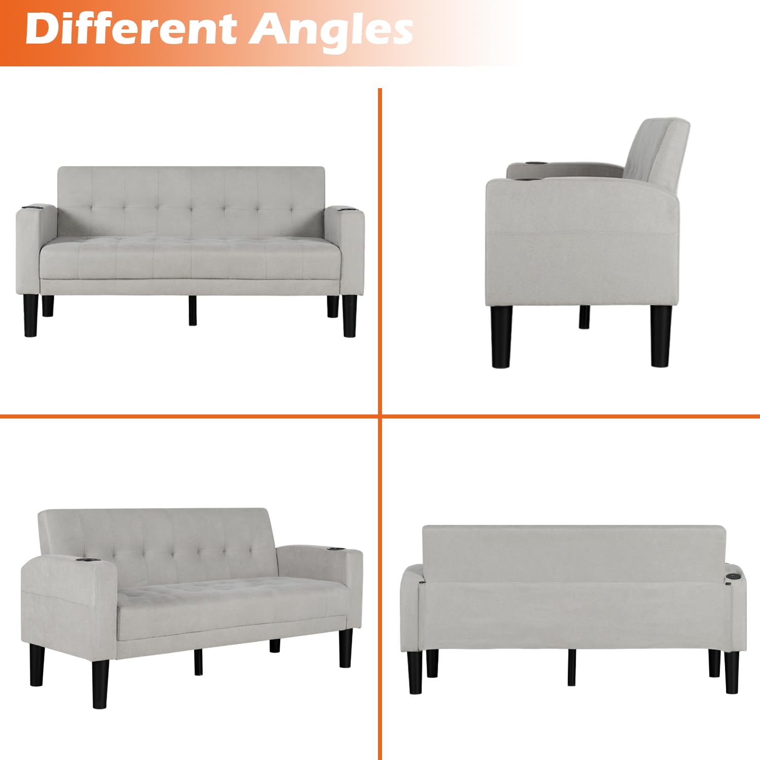 AILEEKISS 2-Piece Modern Fabric Sectional Sofa Set with USB Chargers, Cup Holders & Side Pockets - Loveseat & Single Seat Couch for Living Room, Apartment, Office (Light Grey) | Perfect for Small Spaces, Movie Nights & Home Decor
