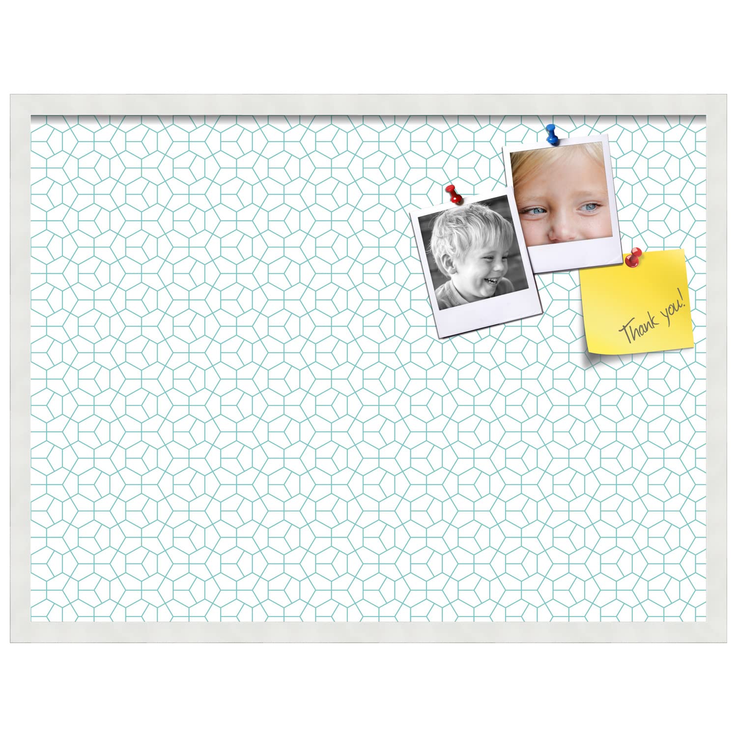 PinPix 32x24 Inch Cork Bulletin Board with Modern Hex Aqua Design & Satin White Frame - Stylish Wall Memo Board for Home Office Decor, School Classroom, Dorm Room Organization & Gift Ideas (PinPix-1540)