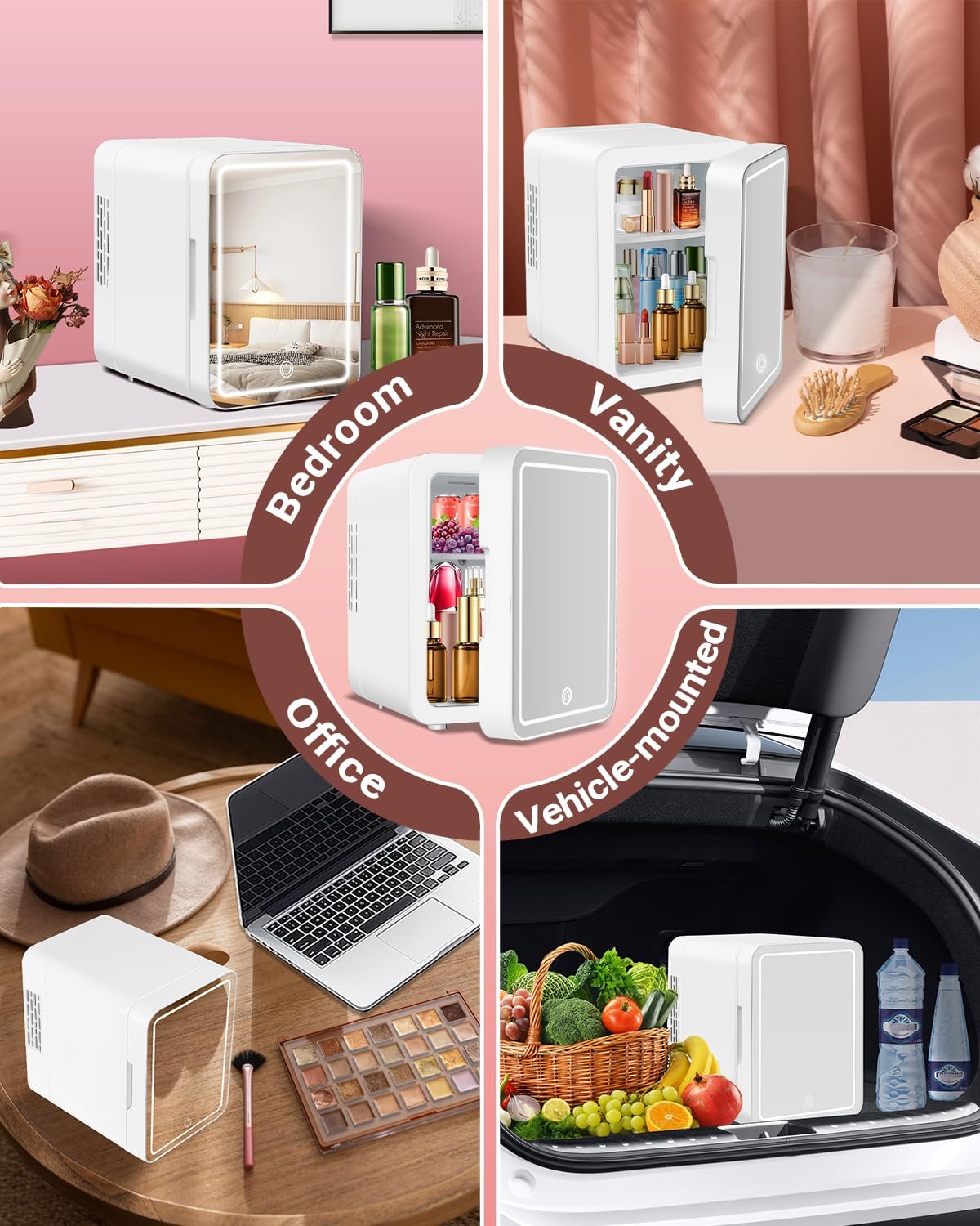 Portable 4L Mini Fridge for Skincare & Cosmetics - Thermoelectric Cooling & Warming Beauty Refrigerator with Mirrored Door, Dimmable LED Light - Perfect for Bedroom, Office, Dorm (White)