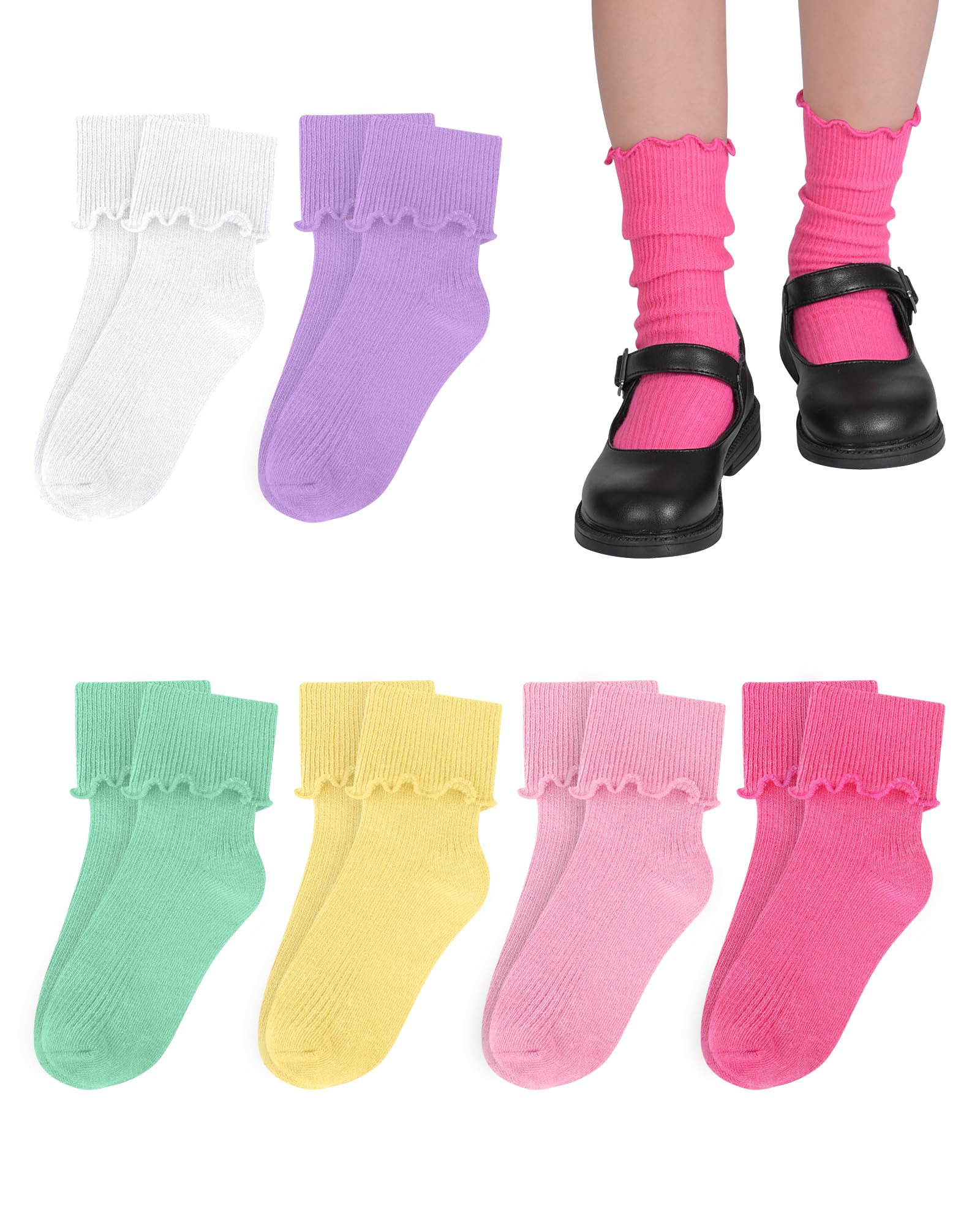 Witwot Girls Ruffle Socks - Cute Turn Cuff Dress Socks for Toddler & Kids - Perfect for School Uniform, Parties & Special Occasions