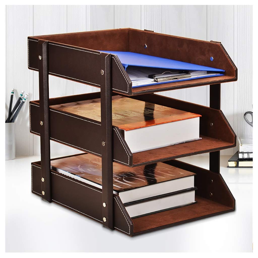 Premium Leather Office File Rack - Wooden Desktop Document Organizer with XL Filing Tray & Book Holder (Brown) - Perfect for Home Office, Study Desk, and Professional Workspace Organization