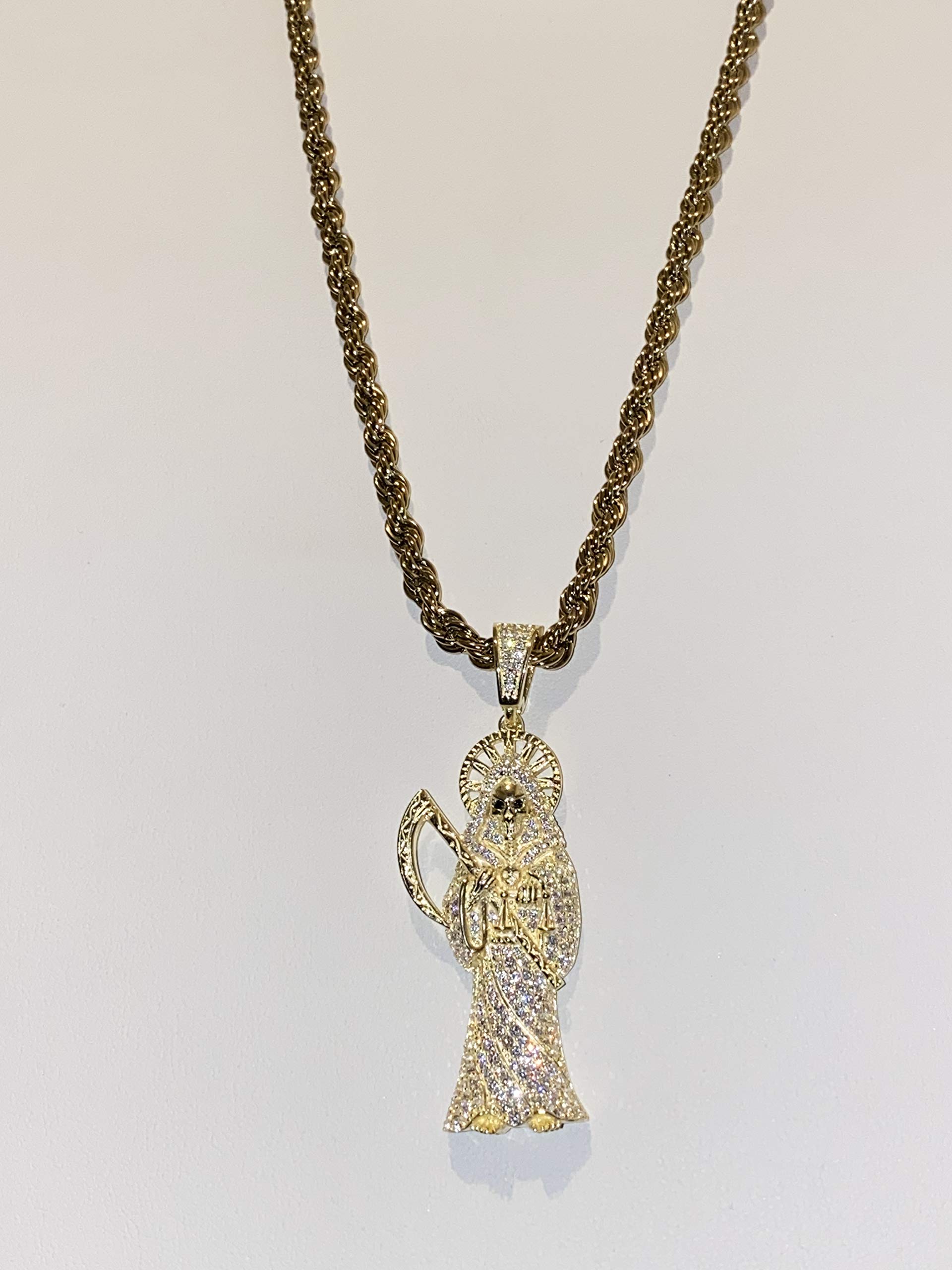 925 Sterling Silver Santa Muerte Pendant Necklace for Men & Women - Italian Gold Finish Iced Out Charm with 2mm Stainless Steel Rope Chain - Perfect for Gifts, Everyday Wear & Gothic Fashion Accessories