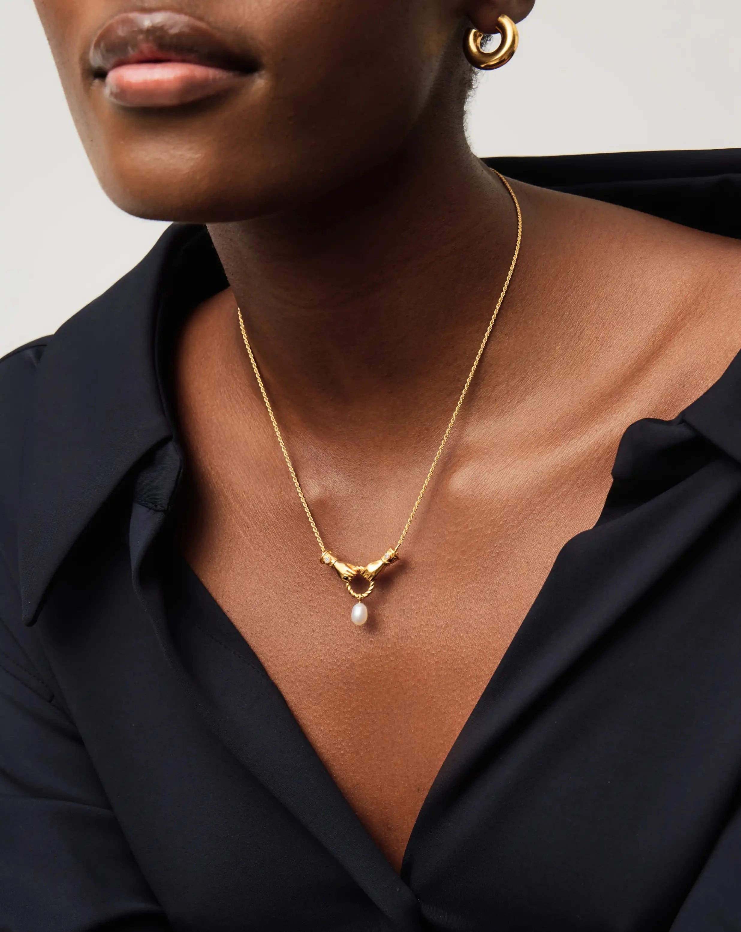 Harris Reed In Good Hands Drop Pendant Necklace - 18k Gold Plated with Pearl & Black Onyx | Elegant Layering Necklace for Women, Perfect for Date Night & Special Occasions