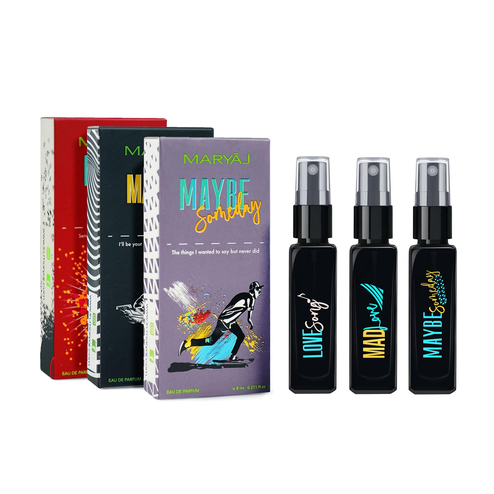Maryaj Love Song EDP & Mad Love EDP & Maybe Someday EDP (3-Pack, 8ML Each) - Long Lasting Perfume Spray Gift Set for Women & Men - Perfect for Valentine's Day, Anniversary & Romantic Occasions