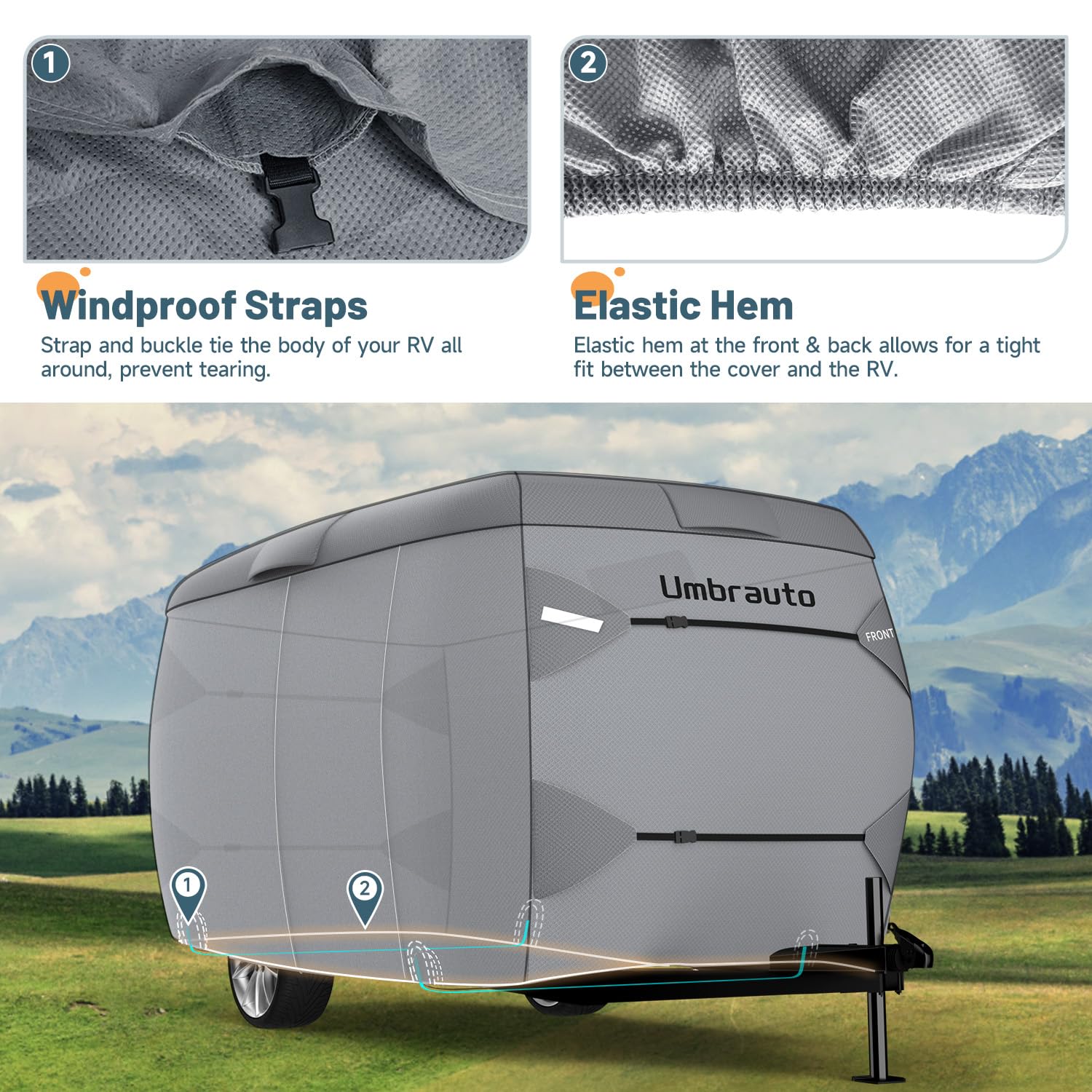 2023 Upgraded 7-Layer Fiberglass Travel Trailer Cover for 8'-10' Trailers - Windproof Strap & Adhesive Repair Patches Included | Perfect for RV, Camper, and Outdoor Travel Protection