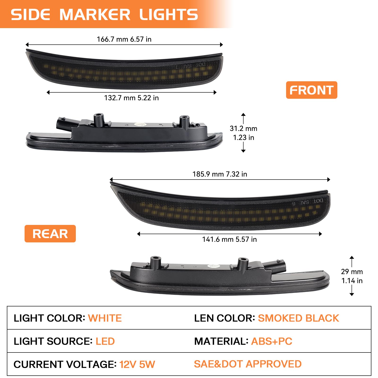 Smoked LED Side Marker Lights for Dodge Charger 2015-2023 - Dual Row Chips, Pure White Front & Rear Bumper Lights - Perfect for Night Driving and Custom Car Upgrades