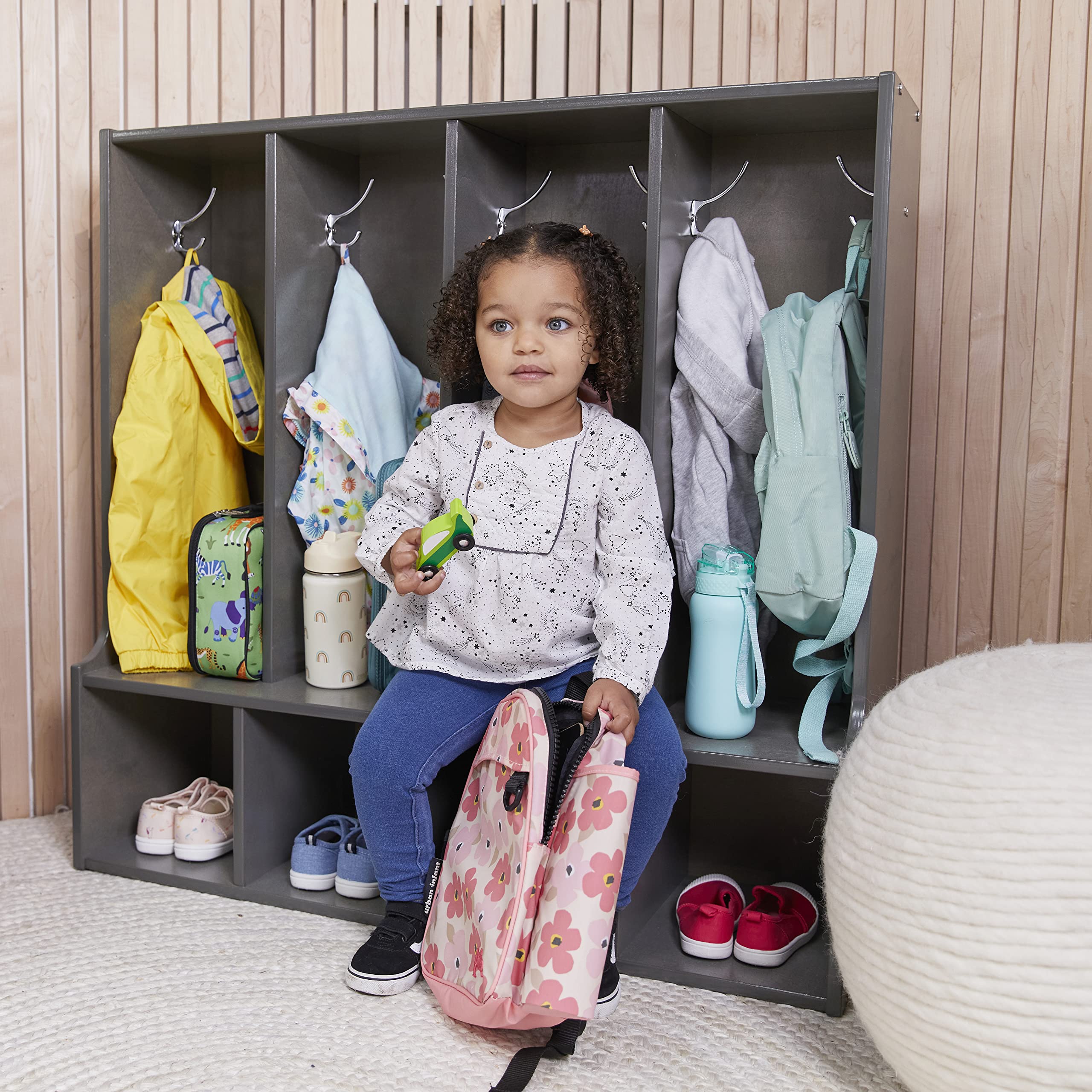 ECR4Kids Streamline 4-Section Coat Locker with Bench - Toddler Size Kids Furniture in Grey Wash - Perfect for Preschools, Daycares & Home Entryway Organization