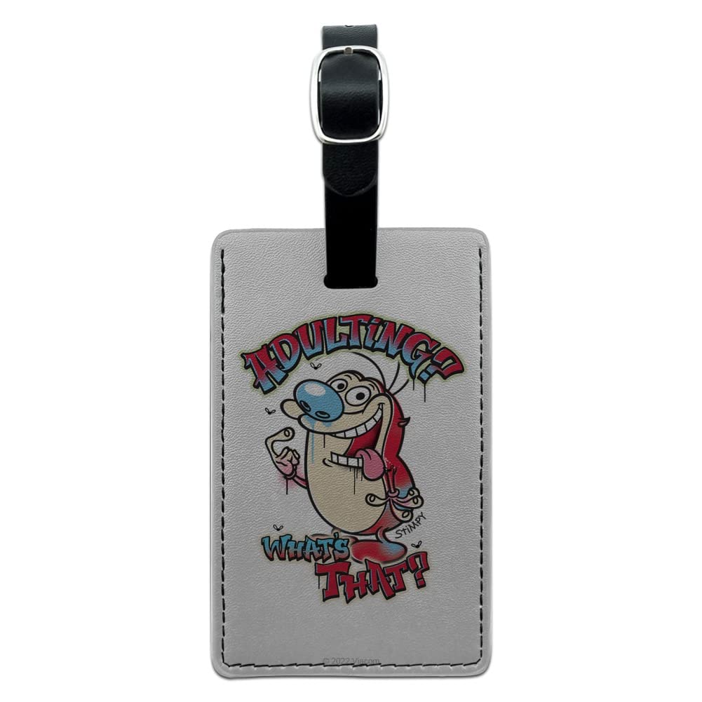 Ren and Stimpy 'Adulting What's That?' Rectangle Leather Luggage Tag - Vintage Cartoon Inspired ID Card Holder for Travel Bags, Suitcases & Backpacks | Perfect Gift for 90s Nostalgia Fans