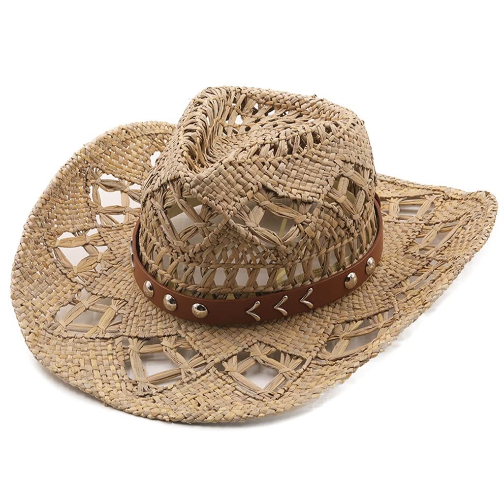Stylish Handmade Straw Cowboy Hat for Women & Men - Summer Sun Hat with Wide Brim - Cowgirl & Beach Casual Panama Hat (55-58CM) - Perfect for Outdoor Festivals, Beach Vacations & Country Western Style