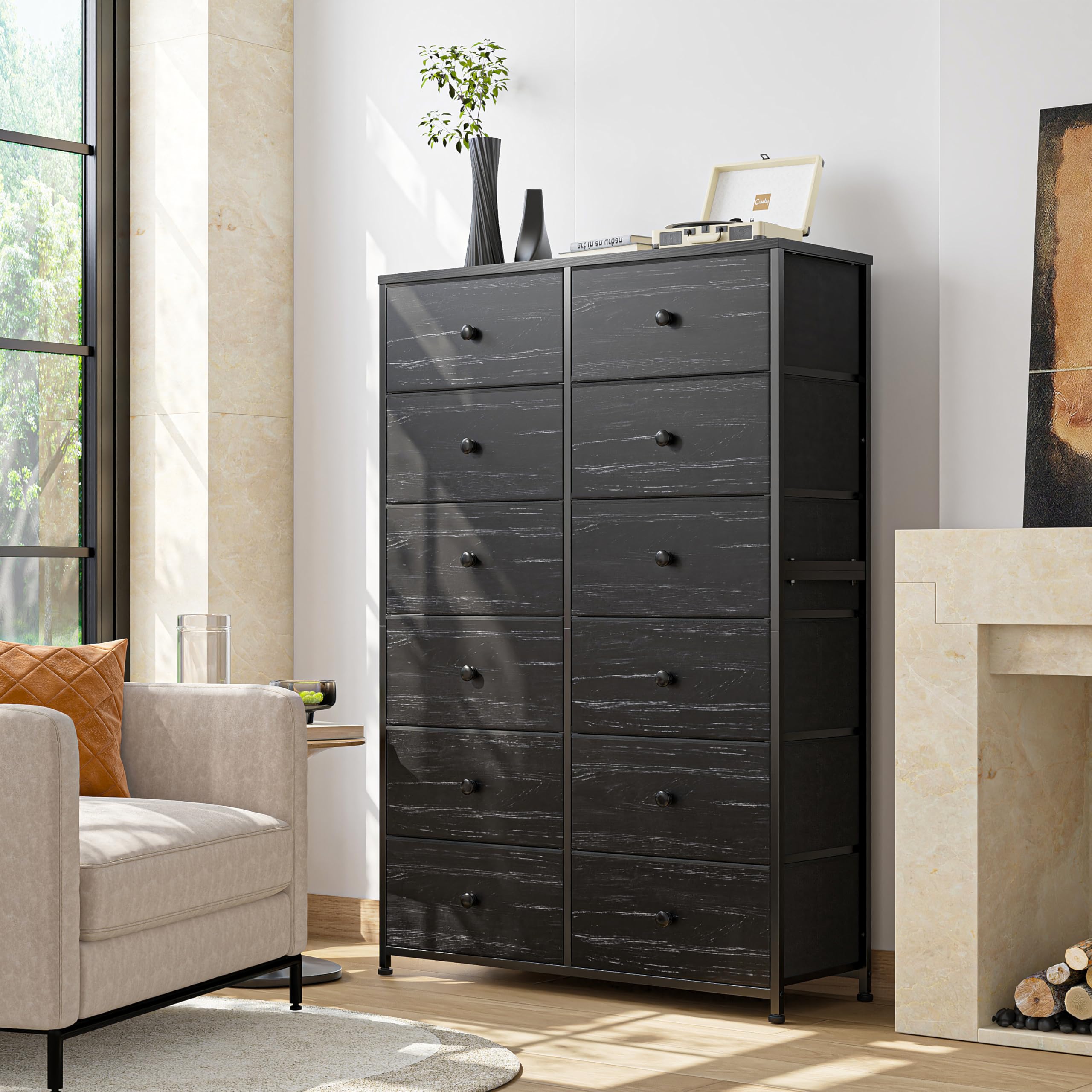 EnHomee 12-Drawer Tall Dresser for Bedroom - Black Fabric Dresser with Wood Top & Metal Frame - Perfect for Bedroom Storage and Organization