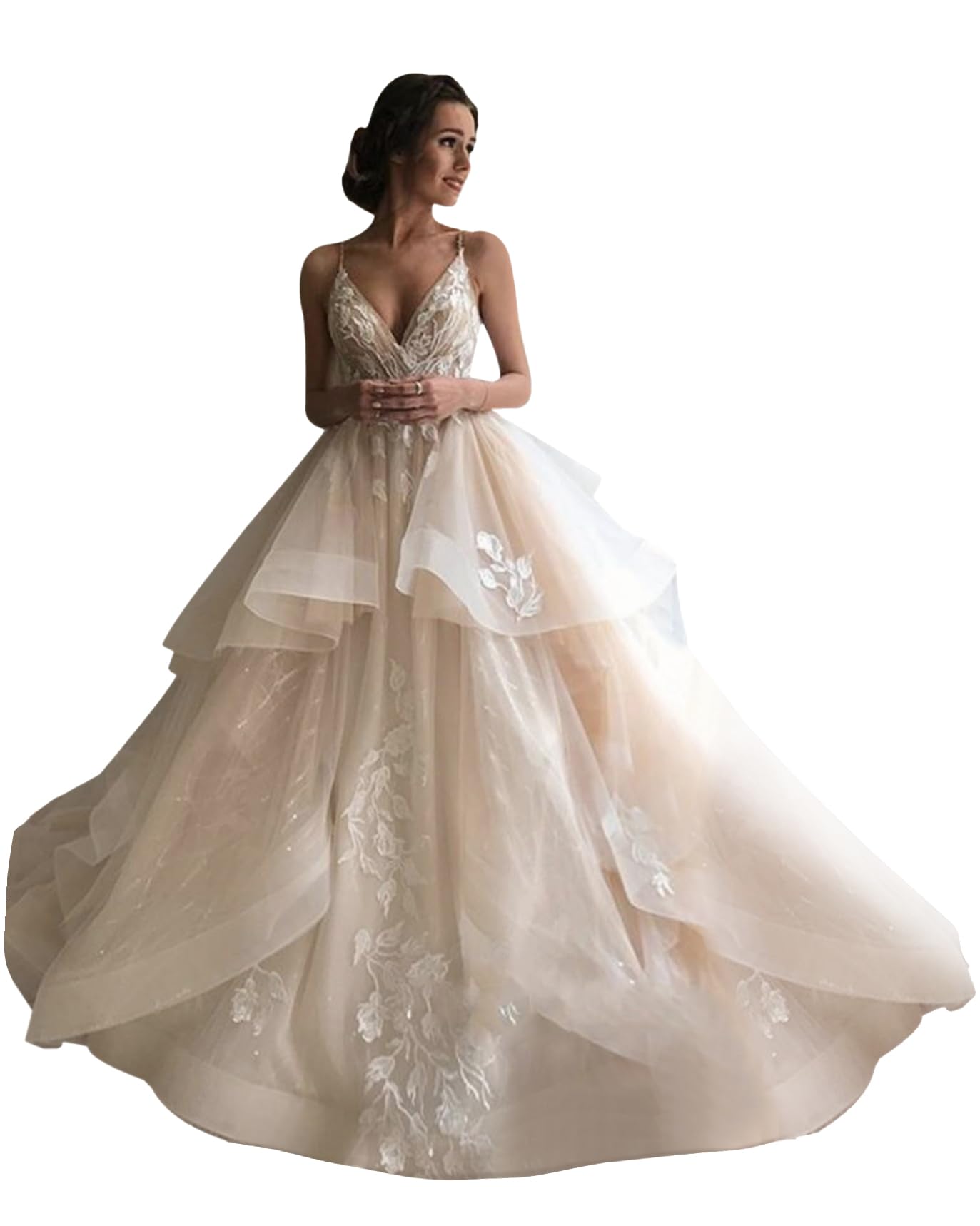 Elegant V-Neck Lace Appliqued Wedding Dress for Women - Tiered Ruffle Puffy Tulle Bridal Gown with Train | Perfect for Church Ceremonies, Beach Weddings & Romantic Photoshoots
