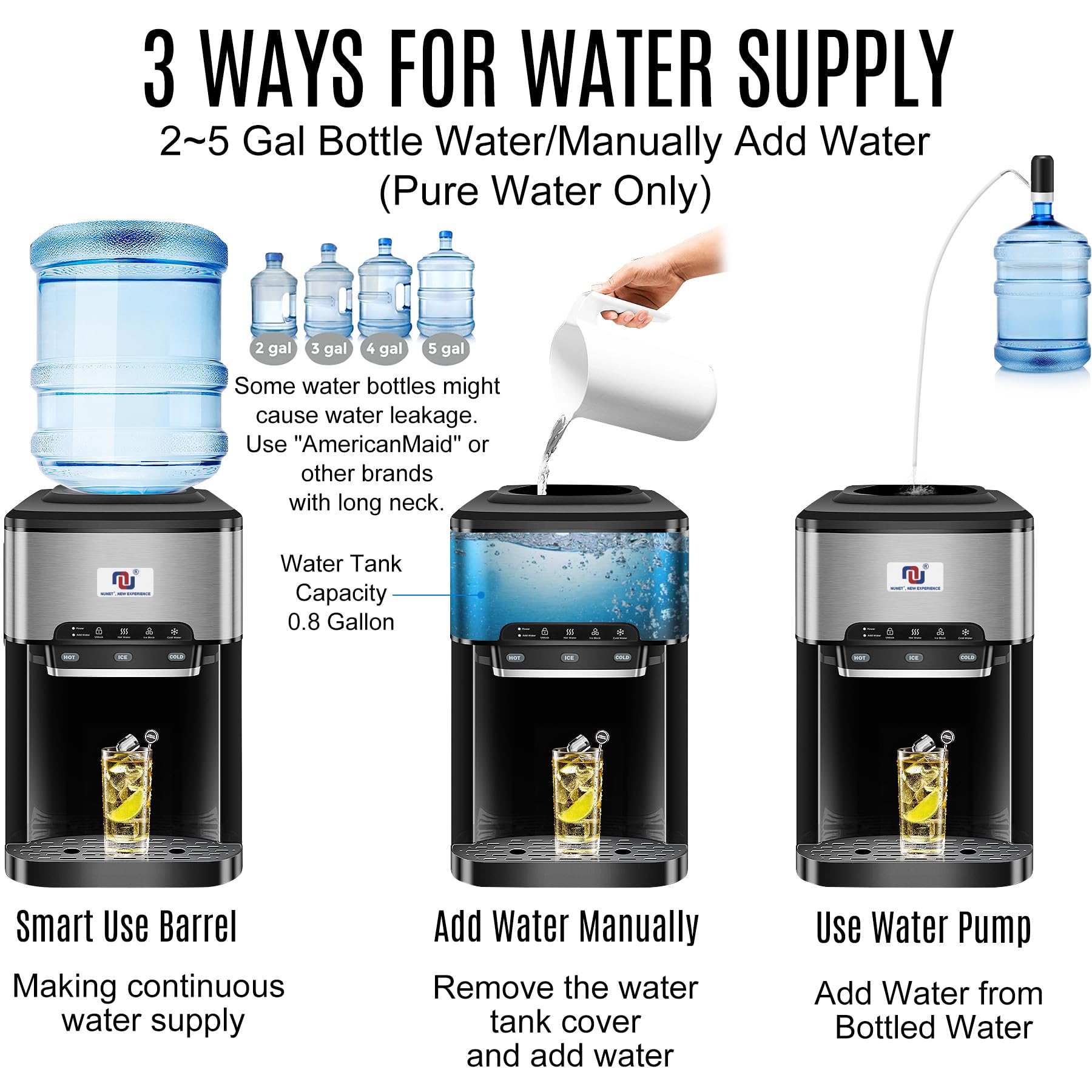 NUNET 3-in-1 Portable Countertop Ice Maker & Hot/Cold Water Dispenser - 44lbs Daily Ice Production, 5 Gallon Capacity, 4lb Ice Storage with Cleaning Kit & Water Pump - Perfect for Home, Office, RV, and Outdoor Use