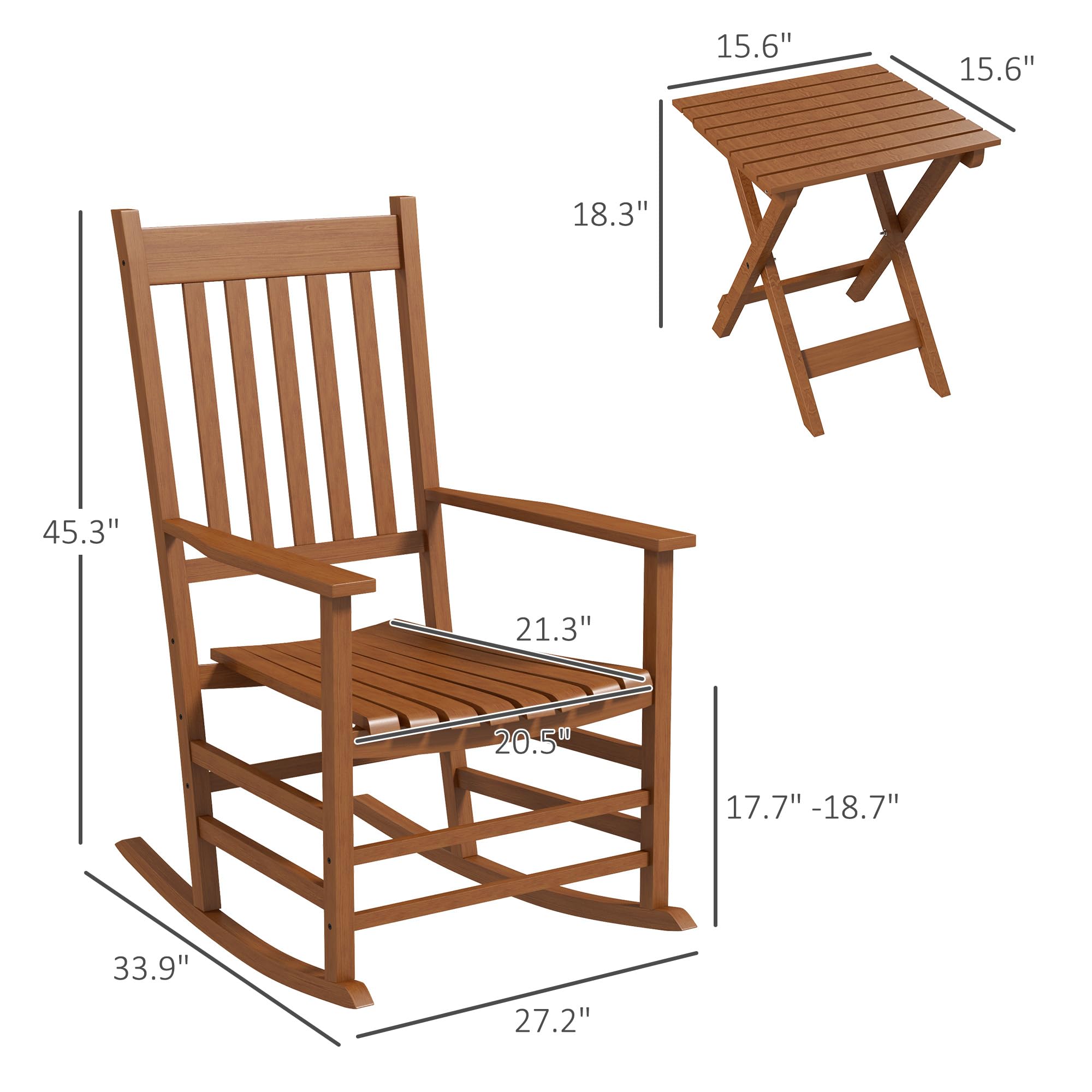 Outsunny Teak Wooden Rocking Chair Set with Foldable Side Table - Outdoor Rocker Chairs with Curved Armrests, High Back & Slatted Seat - Supports 352 lbs - Perfect for Garden, Balcony, Porch, Patio & Backyard Relaxation