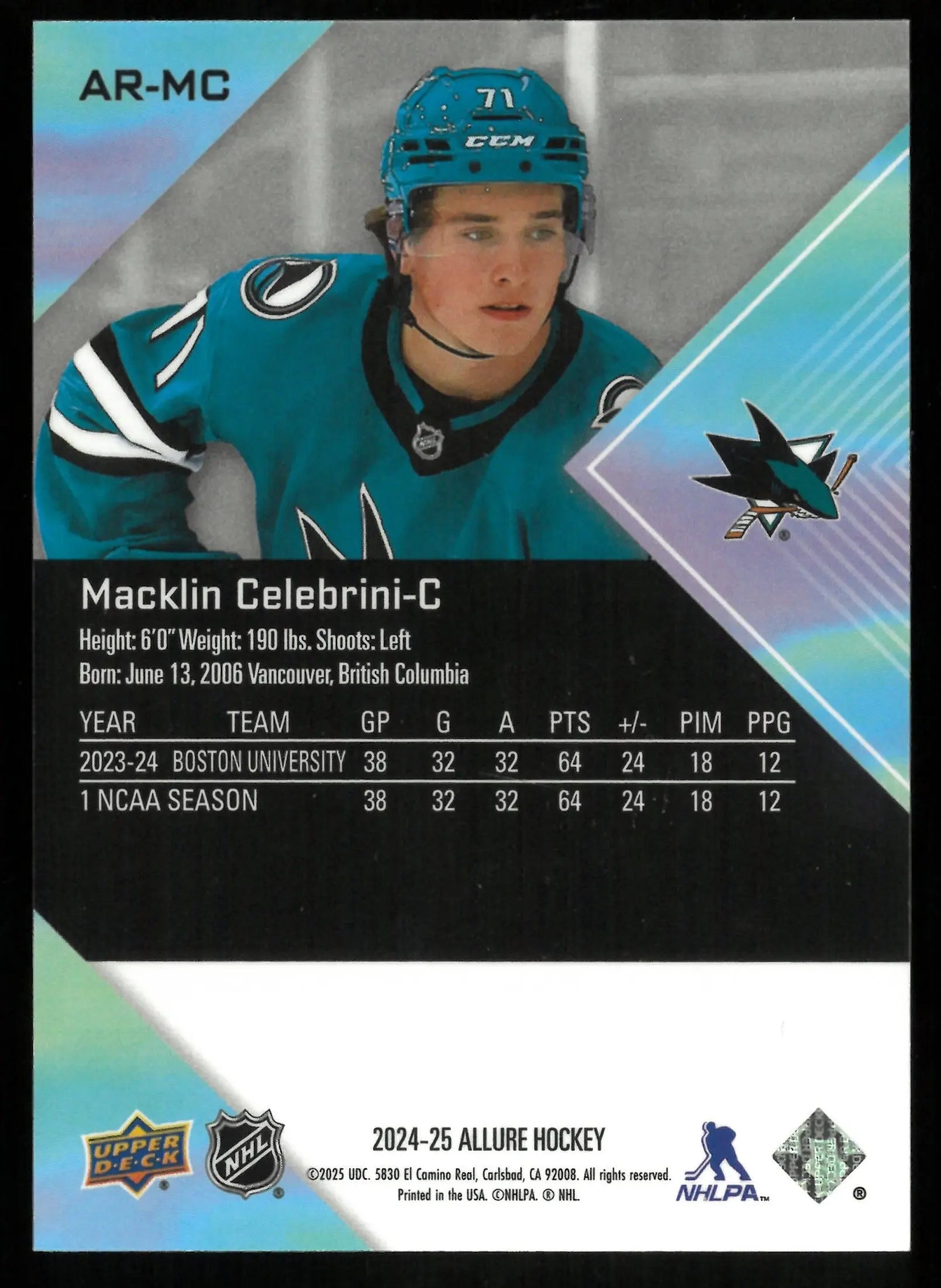 2024-25 Upper Deck Allure Hockey Macklin Celebrini Rookie Card SP - Collectible Trading Card for NHL Fans & Sports Memorabilia Enthusiasts