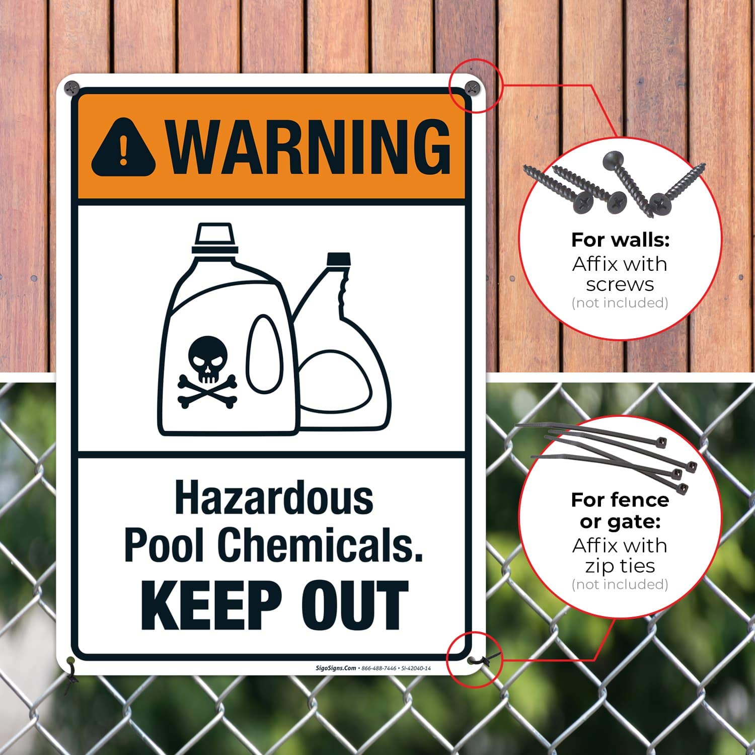 Pool Safety Sign - Sigo 10x14 Inches Keep Out Hazardous Chemicals Warning Sign, 55 mil Thick HDPS Durable Plastic, Made in USA - Ideal for Swimming Pools, Chemical Storage Areas & Maintenance Zones