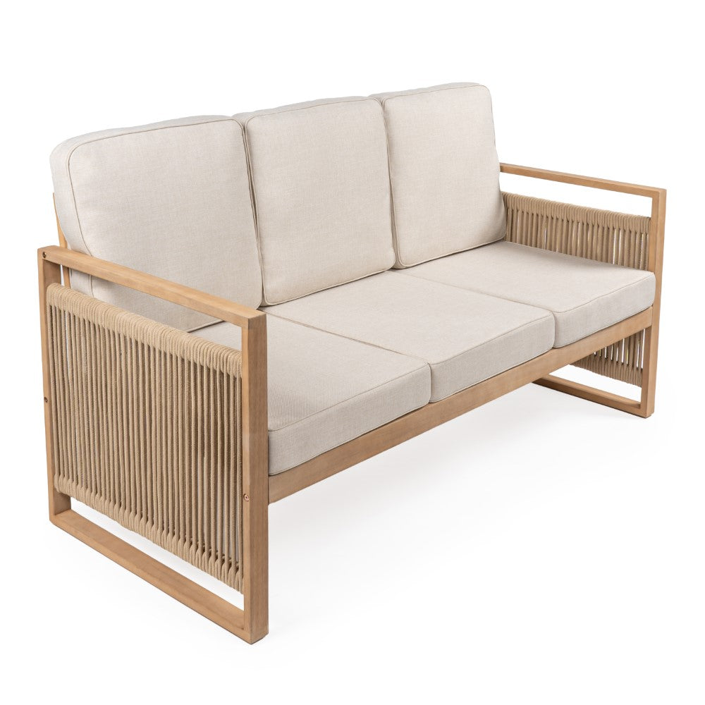 Mid Century Modern 3-Seat Gable Outdoor Sofa - Acacia Wood with Roped Design & Cushions - Perfect for Patio, Garden, and Poolside Relaxation