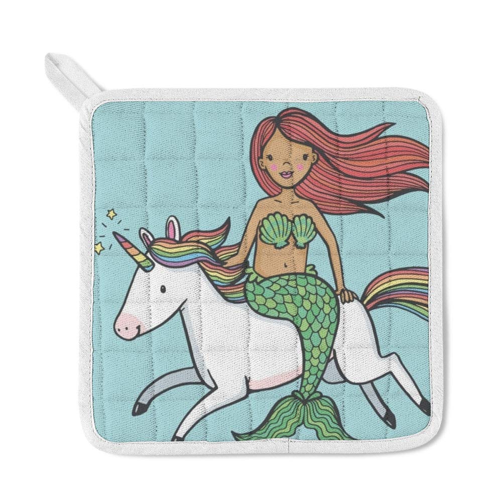 Heat Resistant Polyester Oven Mitts & Potholder Set - Cartoon Mermaid Riding Unicorn Design, Non-Slip Kitchen Gloves for Baking, Cooking, BBQ - Perfect for Home Chefs & Holiday Cooking Gifts