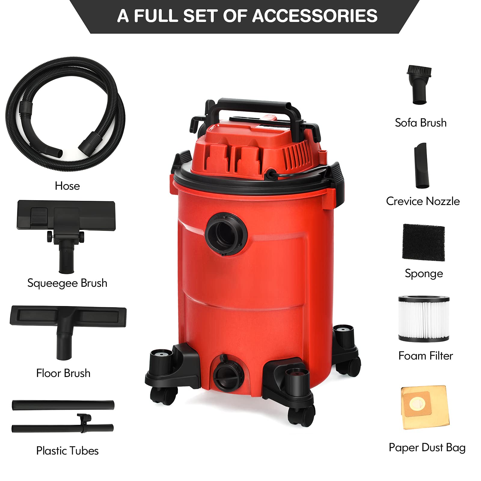 COSTWAY 3-in-1 Wet/Dry Vacuum Cleaner with Blower | 6.6 Gallon 4.8 HP Powerful Suction | Safety Protection & Portable Design | Ideal for Workshop, Car, Garage & Home Cleaning | 1200W Red Vacuum Cleaner for Heavy Duty Use