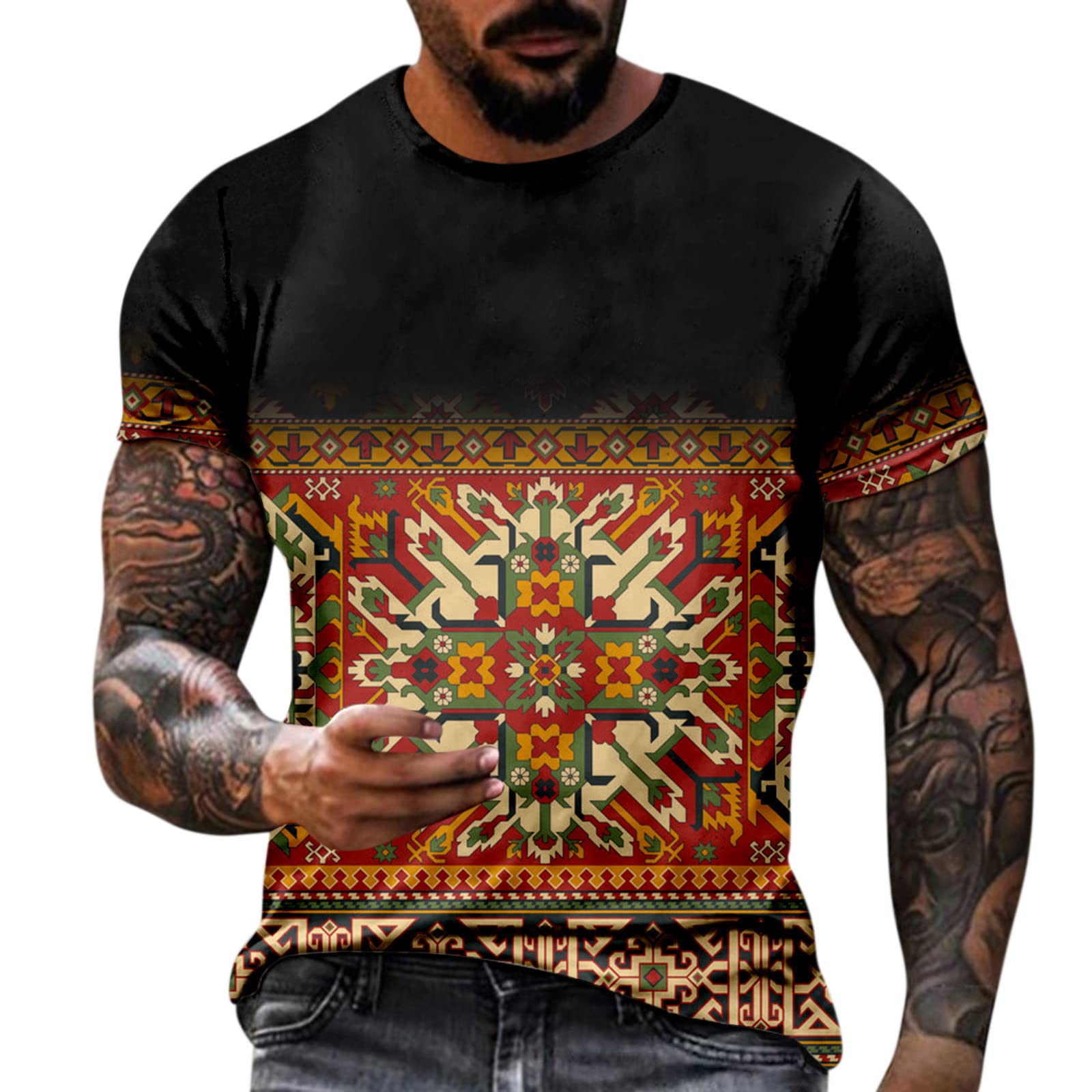 BEUU Men's Short Sleeve T-Shirt - 3D Ethnic Boho Print Crewneck Tee for Summer, Workout, Gym & Casual Wear | Moisture Wicking Athletic Shirt for Outdoor Activities & Street Fashion