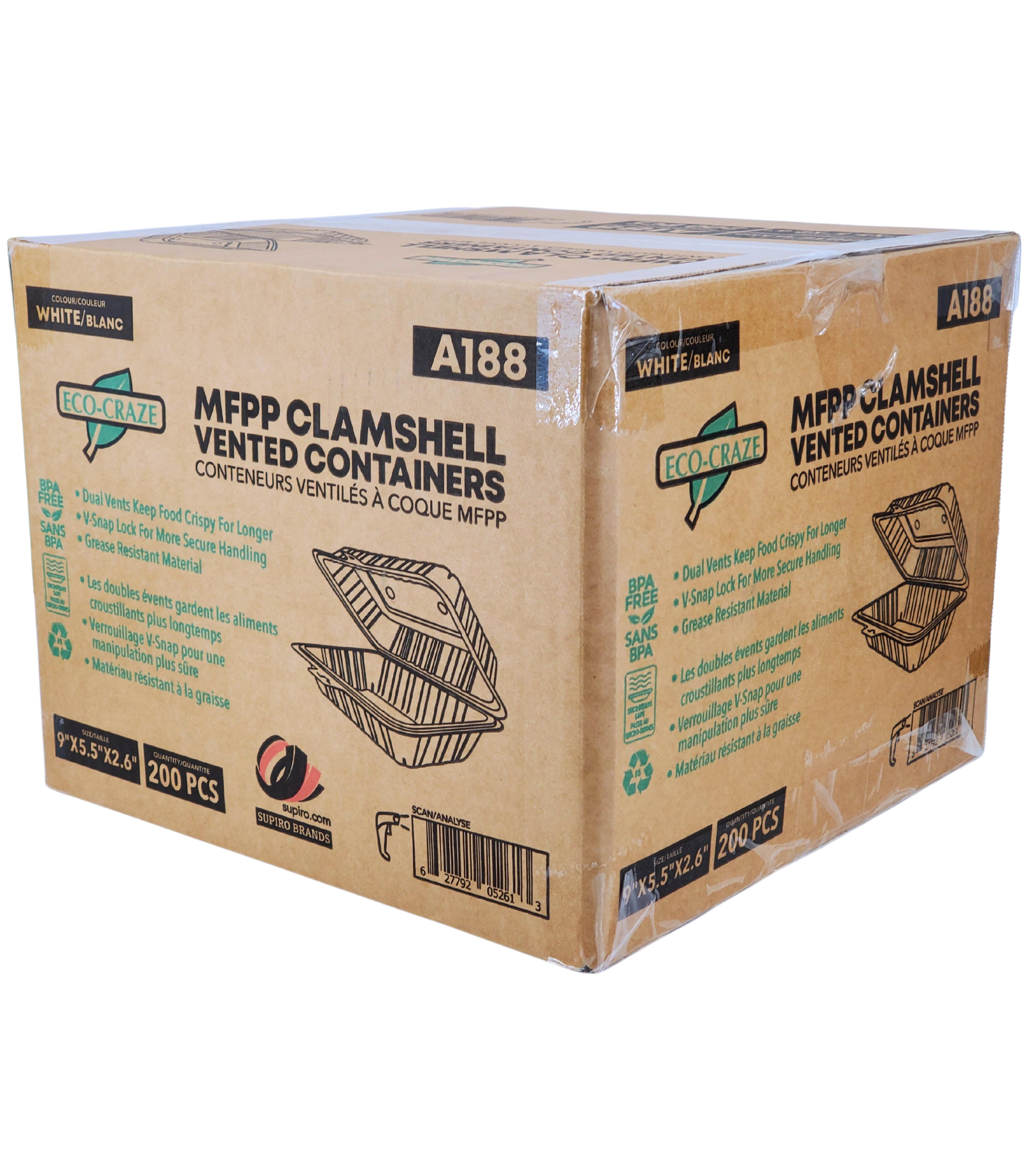 Eco-Friendly MFPP Clamshell Vented Container 9x5.5x2.6 Inches - A188 for Food Storage, Takeout & Retail Packaging