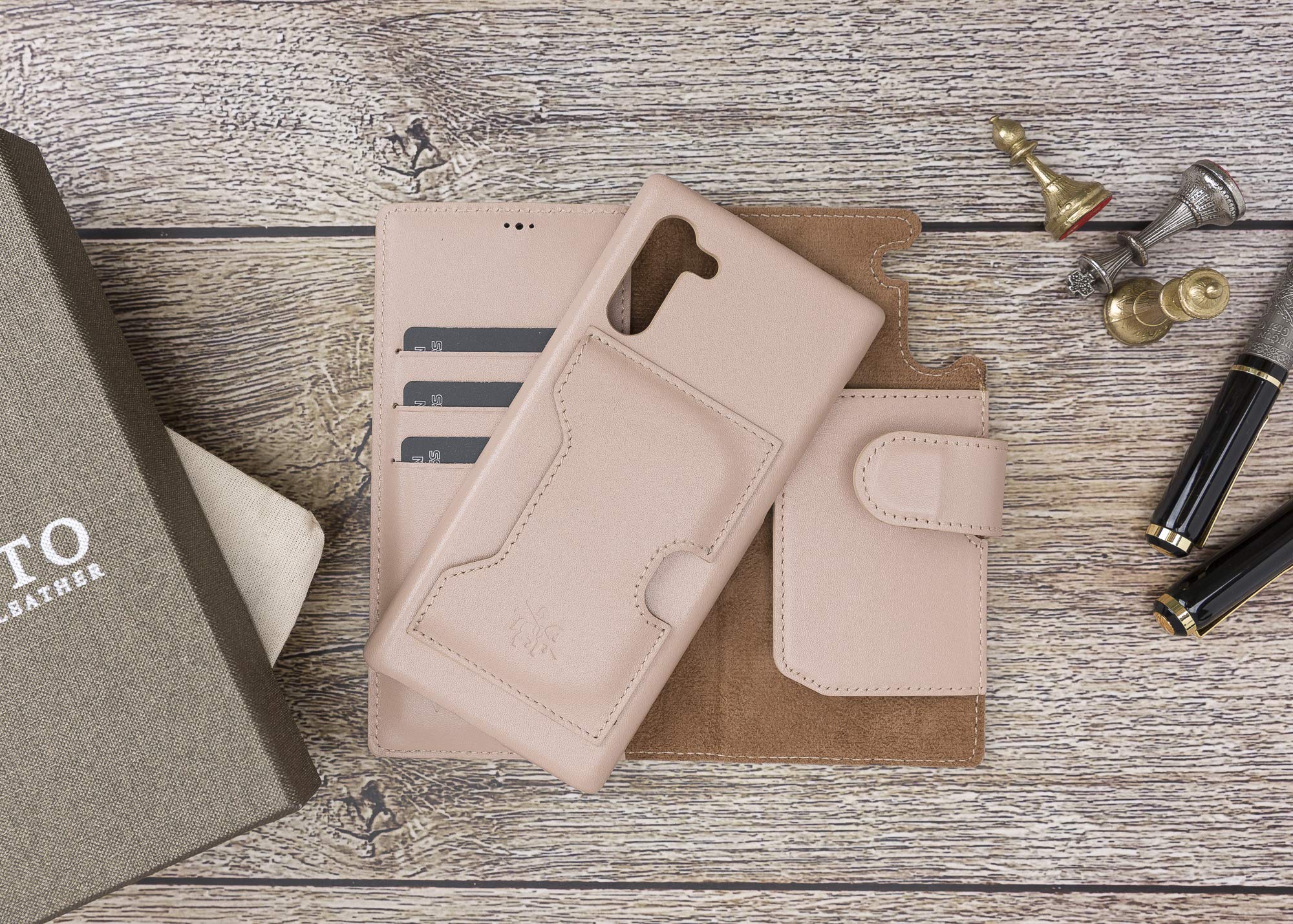 Venito Florence Genuine Leather Wallet Phone Case for Samsung Galaxy Note 10 - RFID Blocking Protection - Detachable Card Holder - Nude Pink - Perfect for Travel, Work & Everyday Use