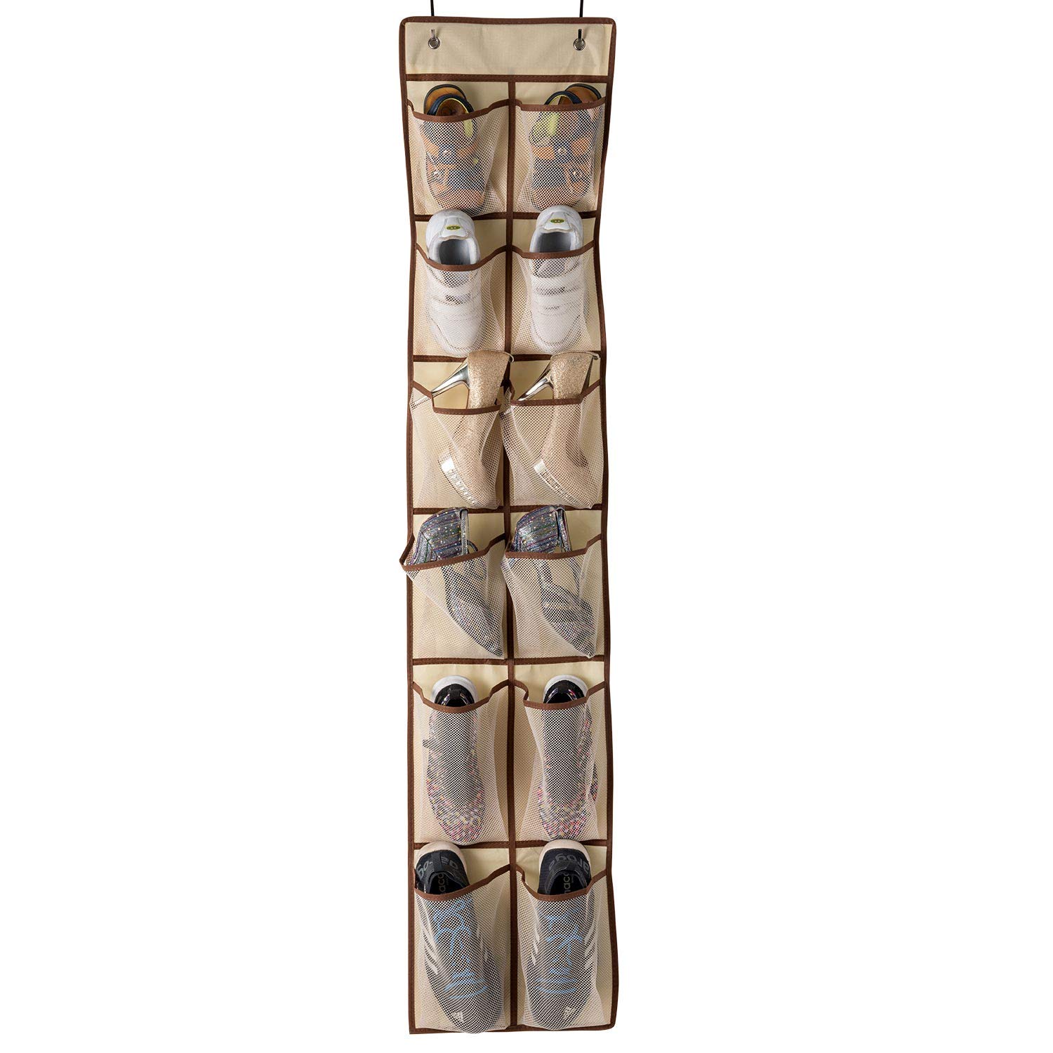 KEEPJOY Over The Door Hanging Shoe Organizer with 12 Mesh Pockets - Space Saving Closet Storage for Men, Women & Kids Shoes - 57.5×12.6 Inch Beige - Perfect for Bedrooms, Dorm Rooms and Entryway Organization