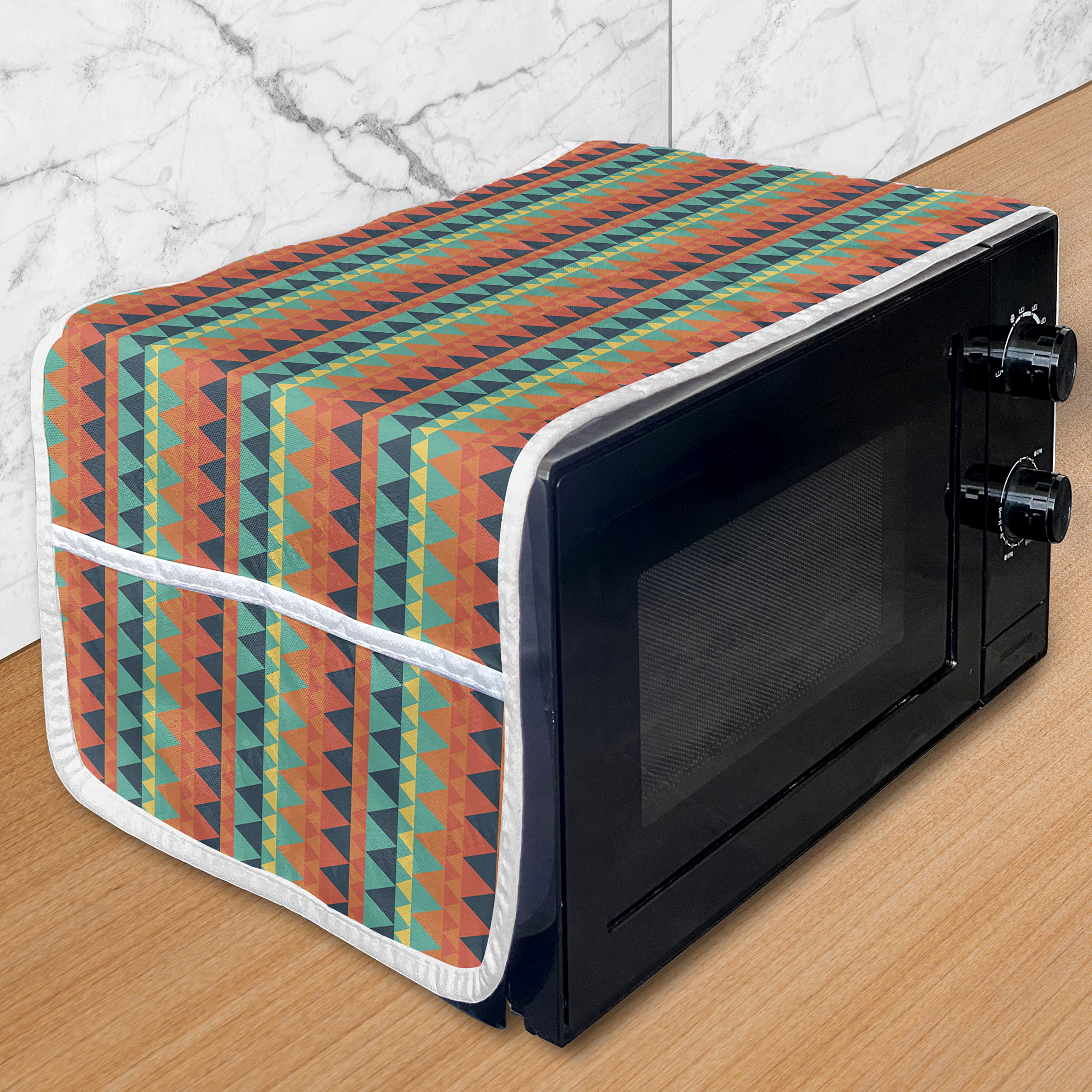 Ambesonne Geometric Microwave Oven Cover - Colorful Continuous Triangle Pattern Waterproof Kitchen Organizer with Pockets, 36