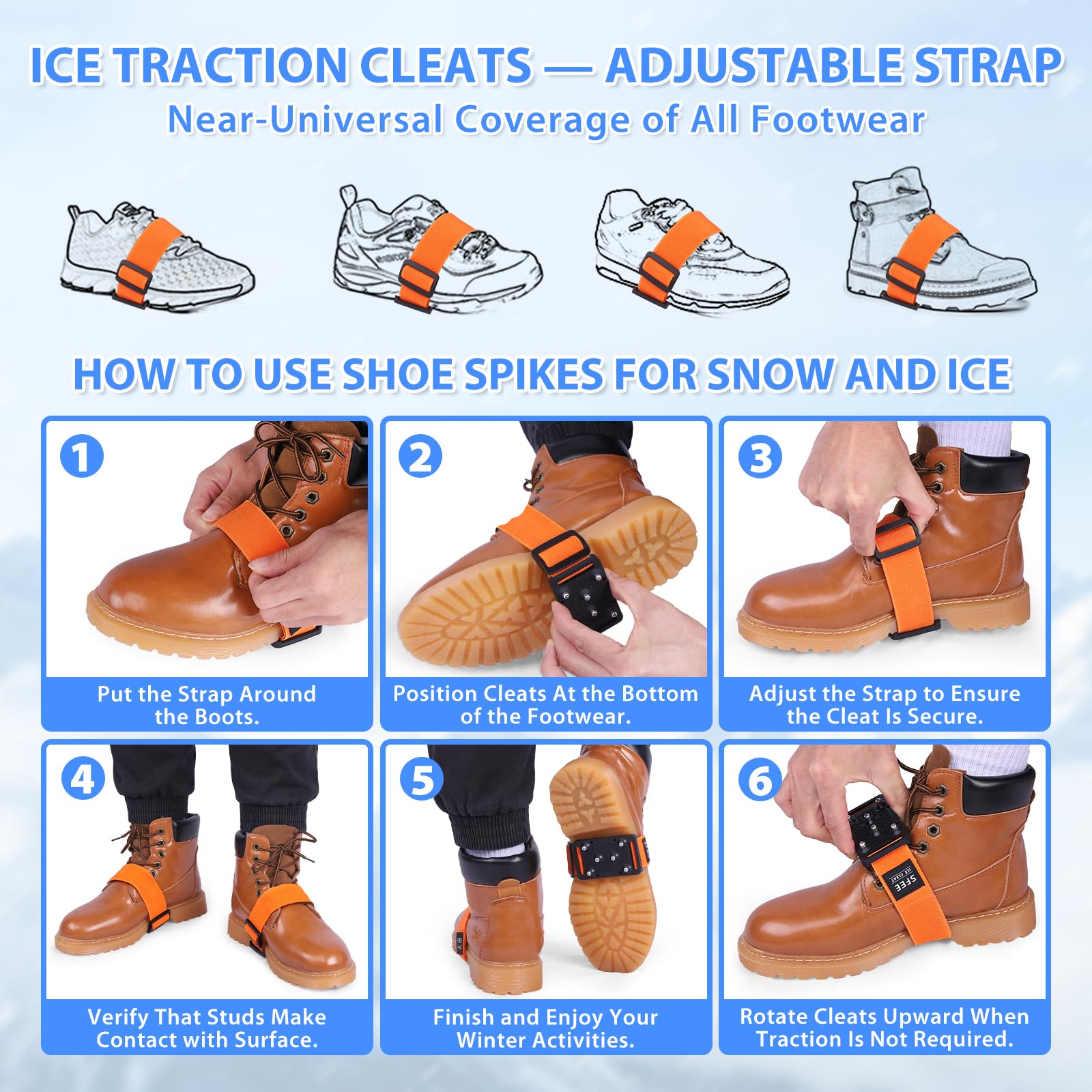 Sfee Ice Cleats Crampons with Tungsten Studs - Non-Slip Shoe Spikes for Boots & Shoes - Winter Traction for Hiking, Running & Snowy Conditions