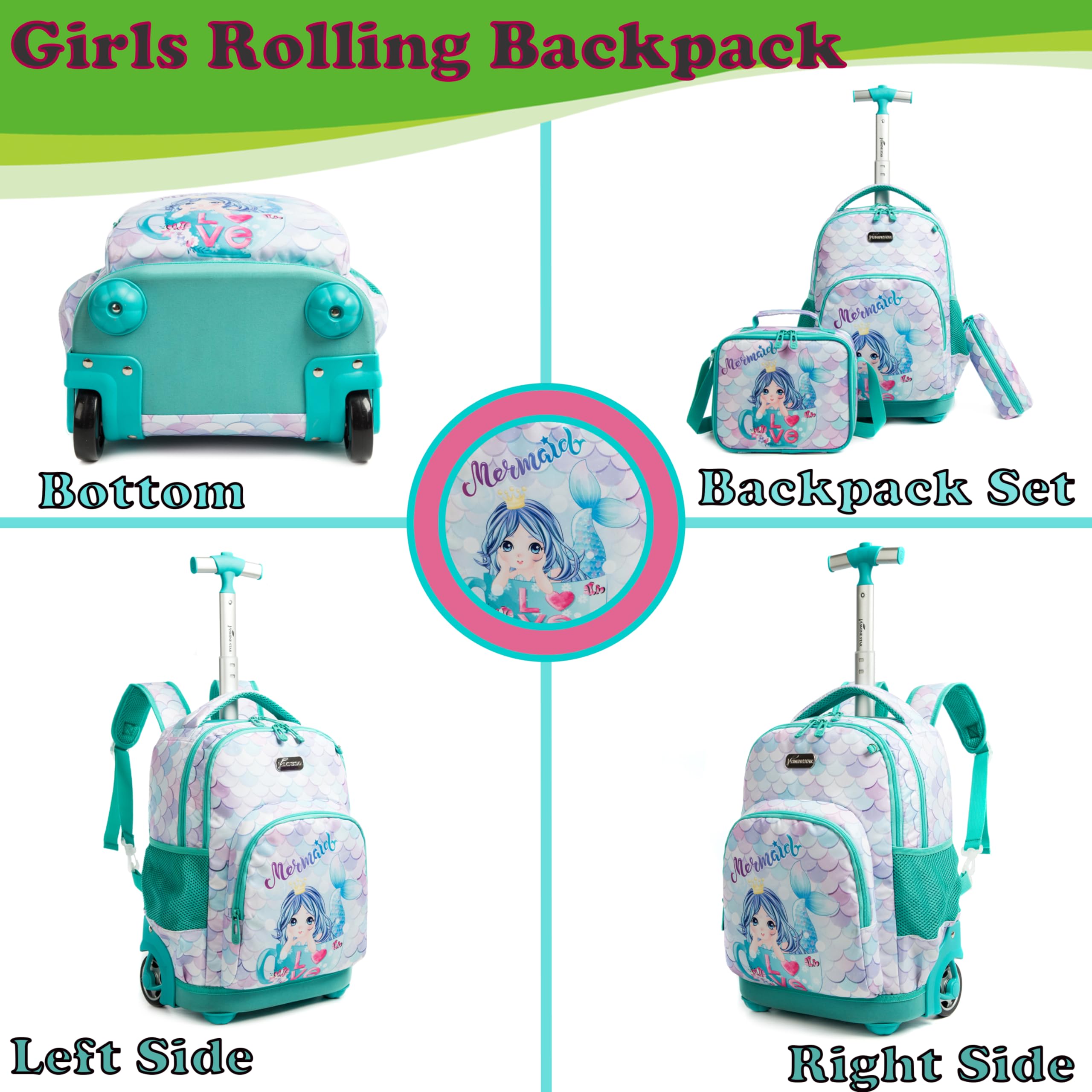 **Egchescebo Mermaid Rolling Backpack for Girls - Kids Wheeled Luggage & Travel Suitcase with Wheels, Toddler Bookbag for School, Lunch, and Elementary - Perfect for Travel, School, and Daily Use (Green)**