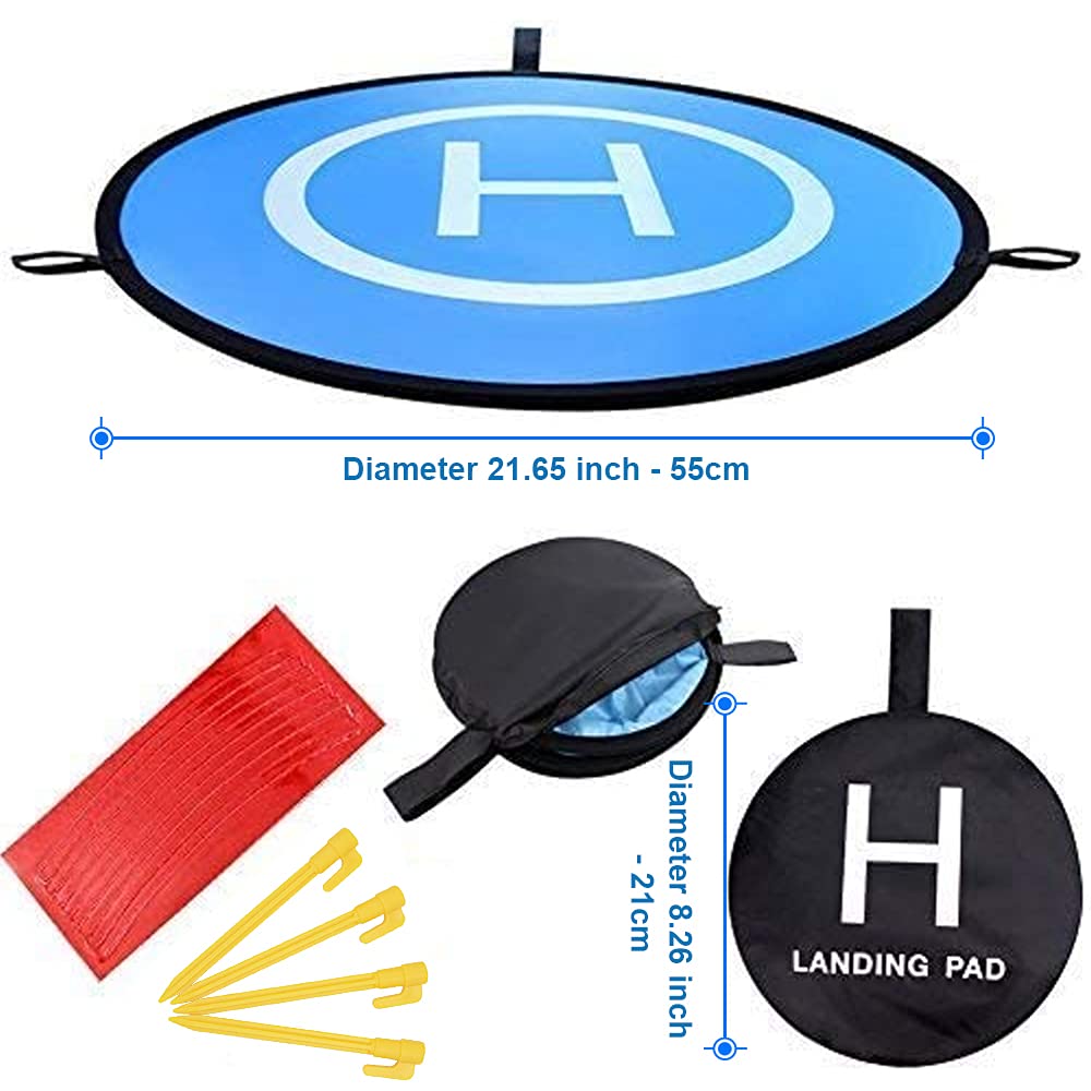 Universal Drone Landing Pad 55cm/21.6 Inch - Waterproof Helipad for DJI Mavic Mini 2, Air 2, Phantom & More - Double Sided Orange/Blue with Reflective Tape & Ground Pegs - Perfect for Outdoor Flying, Aerial Photography & Night Operations