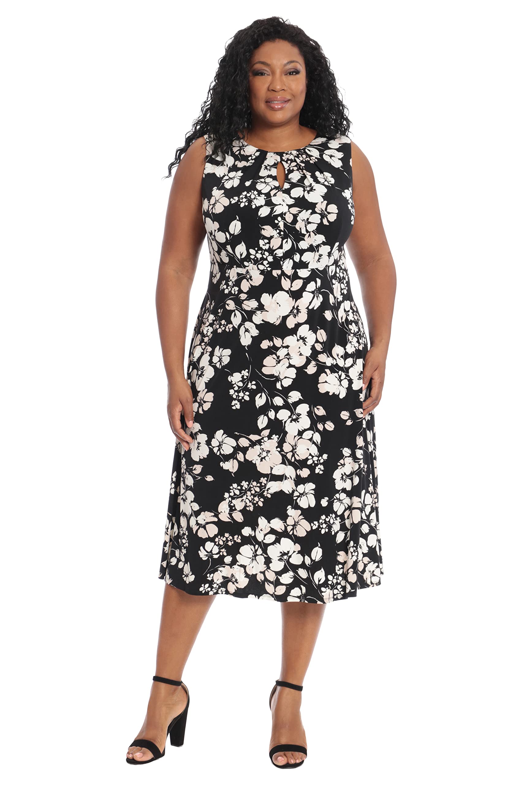 London Times Women's Plus Size Floral Printed Sleeveless Empire A-line Midi Dress - Elegant Summer Dress for Casual Outings, Beach Vacations & Special Occasions