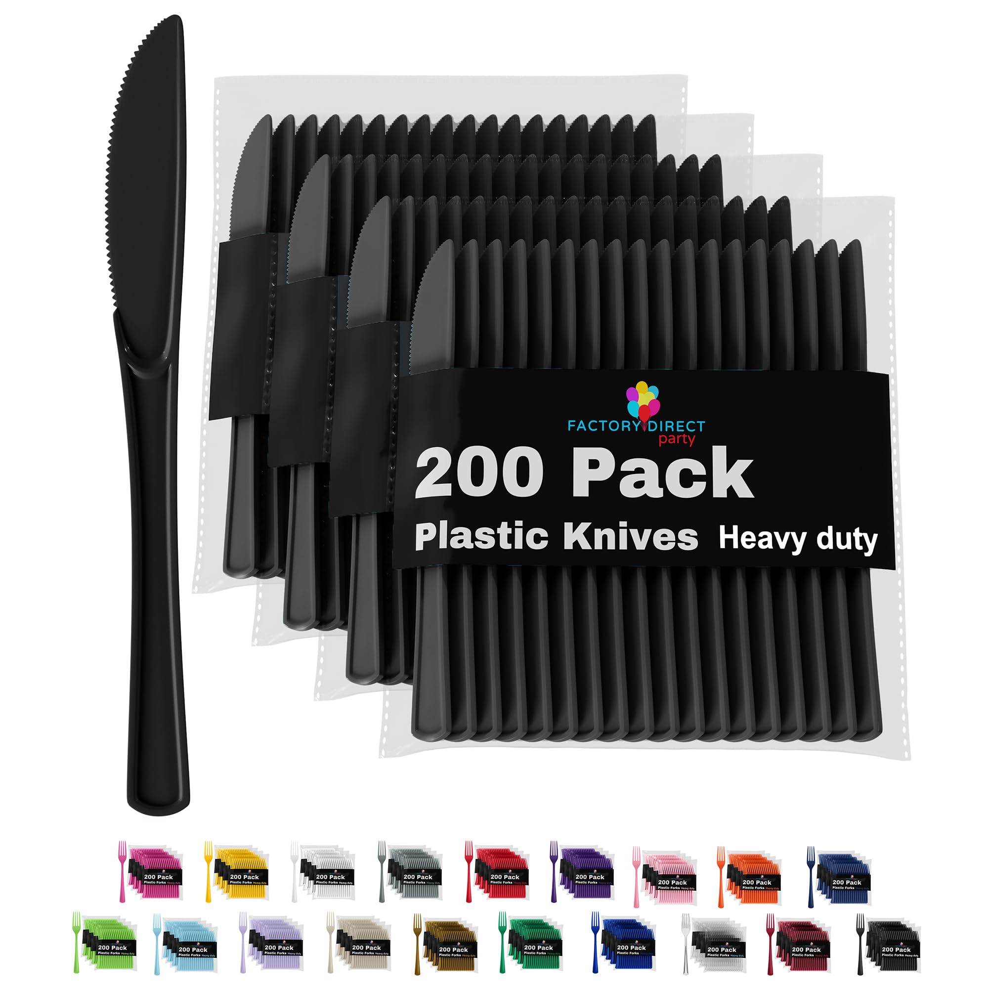 200-Pack Heavy Duty Black Plastic Knives - Disposable Cutlery Set for Parties, Picnics & Catering | Durable Flatware for BBQs, Events & Outdoor Dining