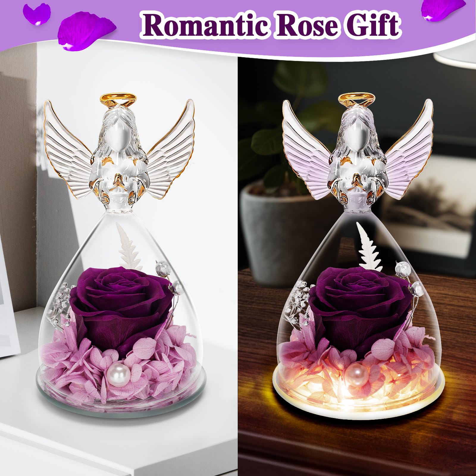 LURLIN Preserved Rose & LED Angel Figurine Gift Set - Birthday, Anniversary Present for Women, Mom, Grandma, Wife, Teacher, Nurse | Romantic Home Decor, Valentine's Day Gift, Wedding Table Centerpiece