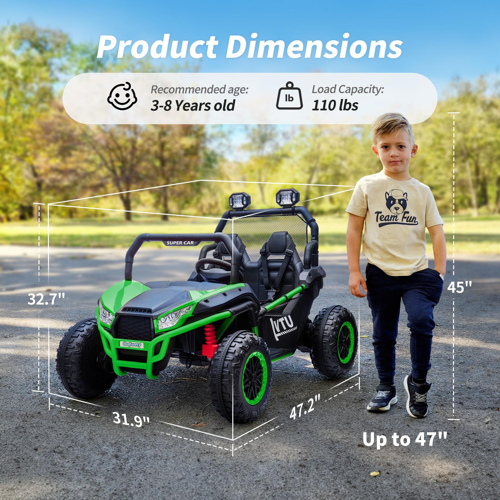 12V 4WD Kids Ride-On Car with Remote Control & Bluetooth - 2 Seater UTV Toy for Children Ages 3-8, Includes Storage - Green | Perfect for Outdoor Play, Birthday Gifts & Backyard Adventures