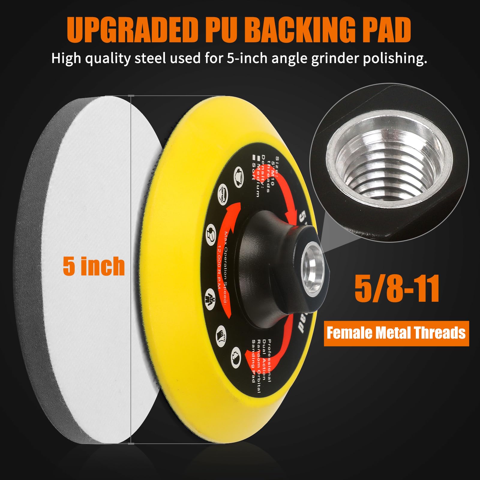 4 PCS 5 Inch Hook and Loop Backing Pad for Angle Grinder - 5/8-11 Thread Sanding Disc Backing Plate with Foam Interface - Perfect for Woodworking, Metal Polishing & DIY Projects