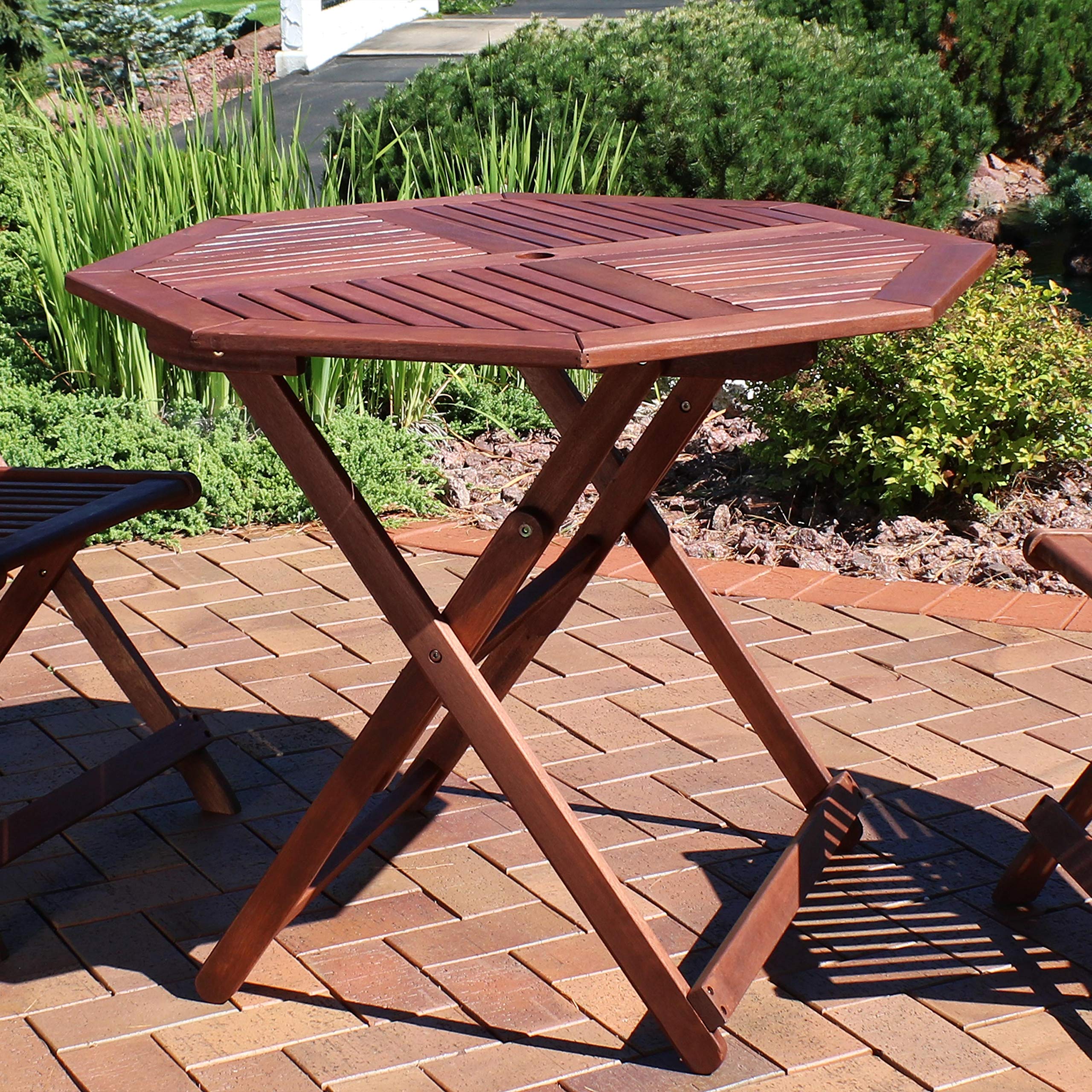 Sunnydaze Meranti Wood Octagon Outdoor Folding Table - 35.5 Inch Teak Oil Finish Patio Dining Table - Perfect for Backyard BBQs, Poolside Gatherings & Garden Parties