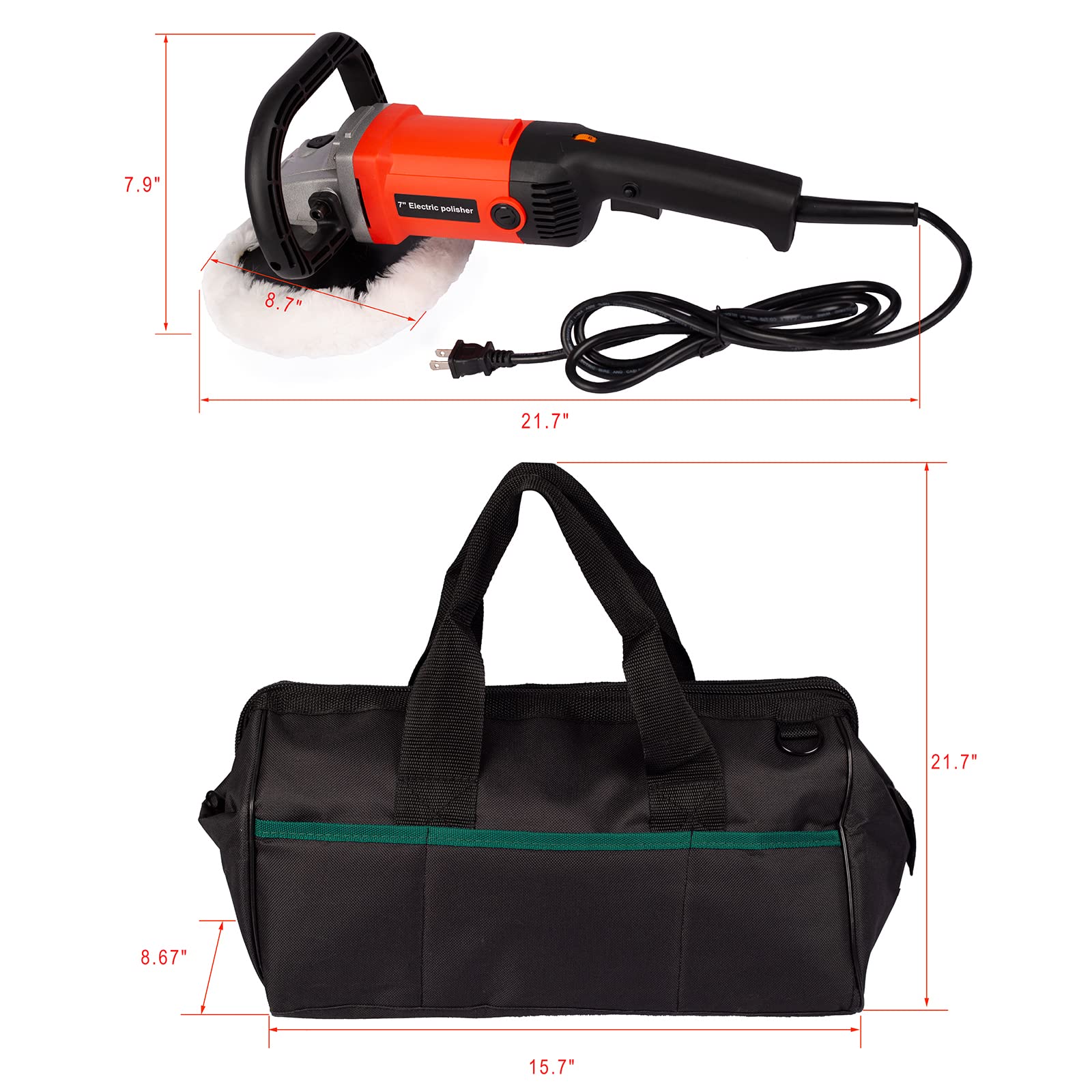 Yoluckea 10A Electric Car Buffer Polisher with 7” Pad, 6 Variable Speeds, Detachable Handle & Accessories - Ideal for Car Detailing, Waxing, and Polishing