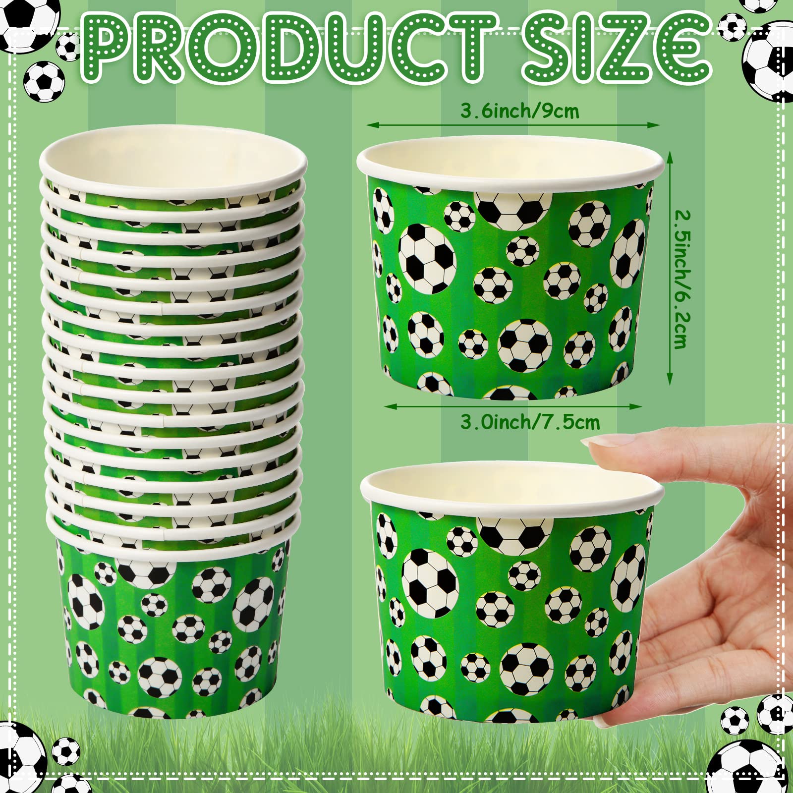 50 Pack 9 oz Disposable Paper Cups - Sports Party Snack Bowls for Ice Cream, Desserts, Soup, Hot & Cold Food - Eco-Friendly & Leak-Proof - Perfect for Birthday Parties, Picnics, BBQs (Soccer Design)