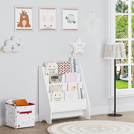 Kids Sling Bookshelf - White Book Organizer & Magazine Rack for Children's Room - Perfect for Bedroom, Playroom & Classroom Storage