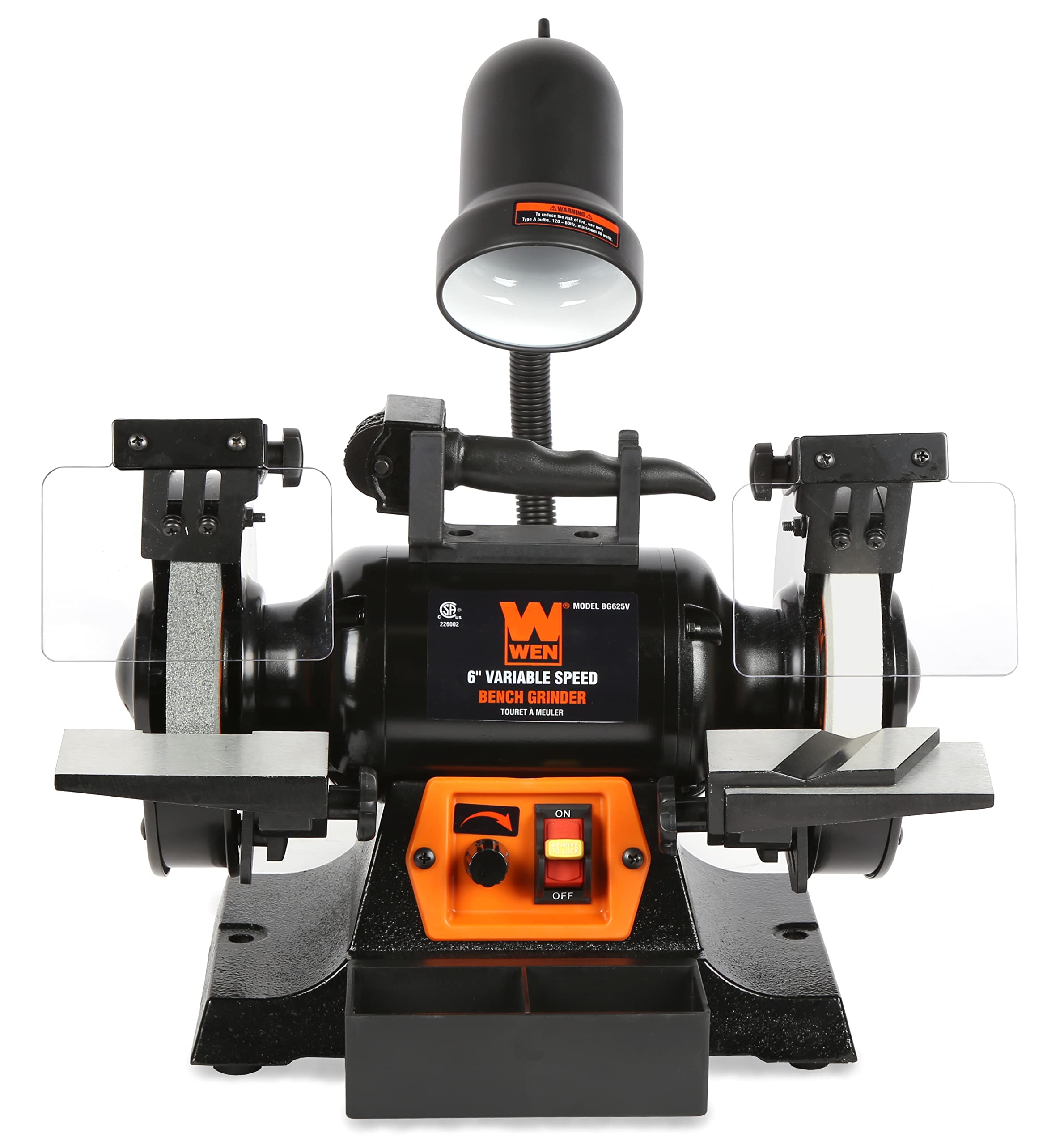 WEN BG625V 2.5-Amp 6-Inch Variable Speed Bench Grinder with Flexible Work Light - Black - Perfect for Metalworking, Sharpening Tools, and DIY Projects in Home Workshops