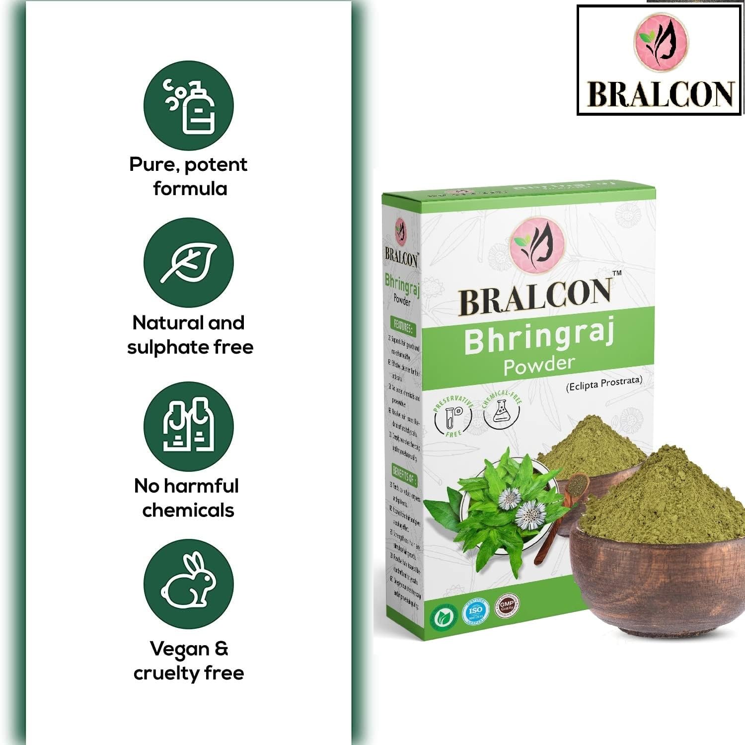 BRALCON Organic Bhringraj Powder 100g | 100% Pure Natural Eclipta Prostrata Powder for Hair Growth & Skin Care | Ayurvedic Hair Treatment | Promotes Healthy Scalp & Stronger Hair | Perfect for DIY Hair Masks & Natural Beauty Routines