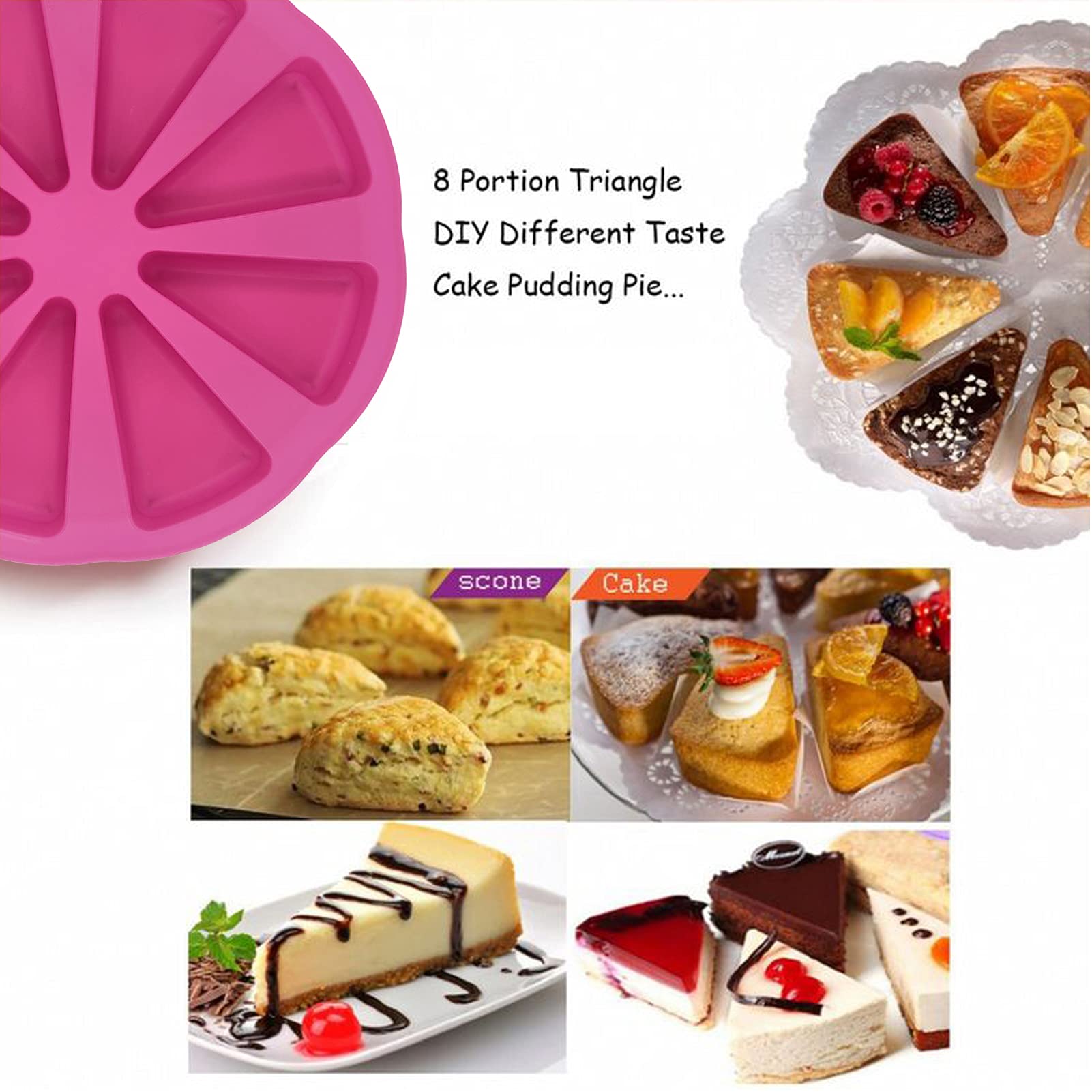 Meajore 2-Piece Silicone Baking Pan Set - 8-Cavity Triangle Cake Mold & 4-Inch Round Cake Pan for Brownies, Muffins, Cheesecake, Cornbread - Non-Stick, Flexible, Rose Red - Perfect for Home Baking, Party Desserts, and Holiday Treats