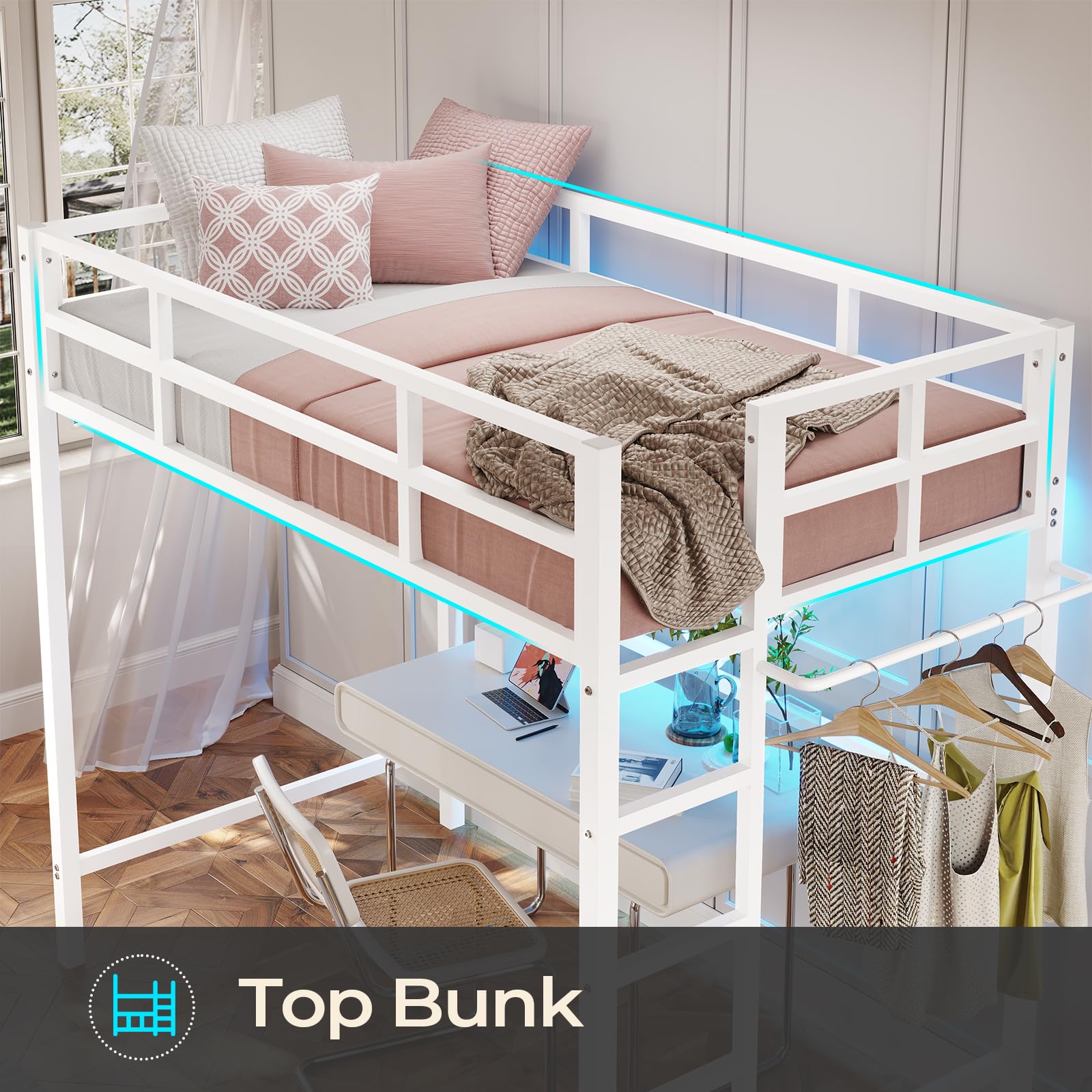 DICTAC Twin Size Loft Bed with LED Lights - Heavy Duty Metal Junior Loft Bed Frame with Full-Length Guardrail & Ladder | Noise-Free, Space-Saving Design | No Box Spring Needed | White | Perfect for Kids' Rooms, Dormitories & Small Spaces