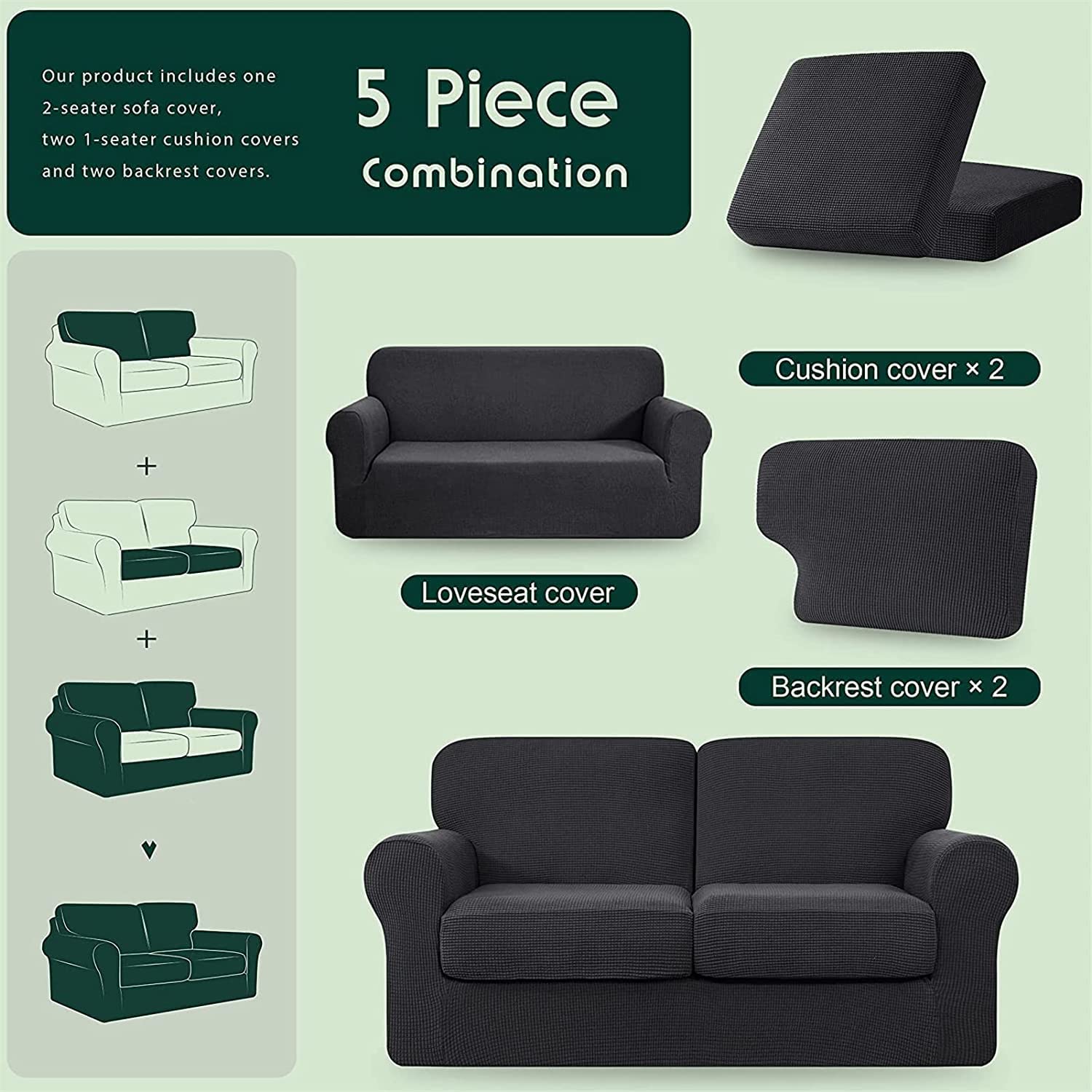 YYHSND 5-Piece Stretch Velvet Sofa Cover Set - 2 Seater Couch Slipcover for Loveseat with Separate Backrests & Cushion Cover | Elastic Band & Soft Fabric | Dark Grey | Perfect for Living Room, Bedroom & Home Decor