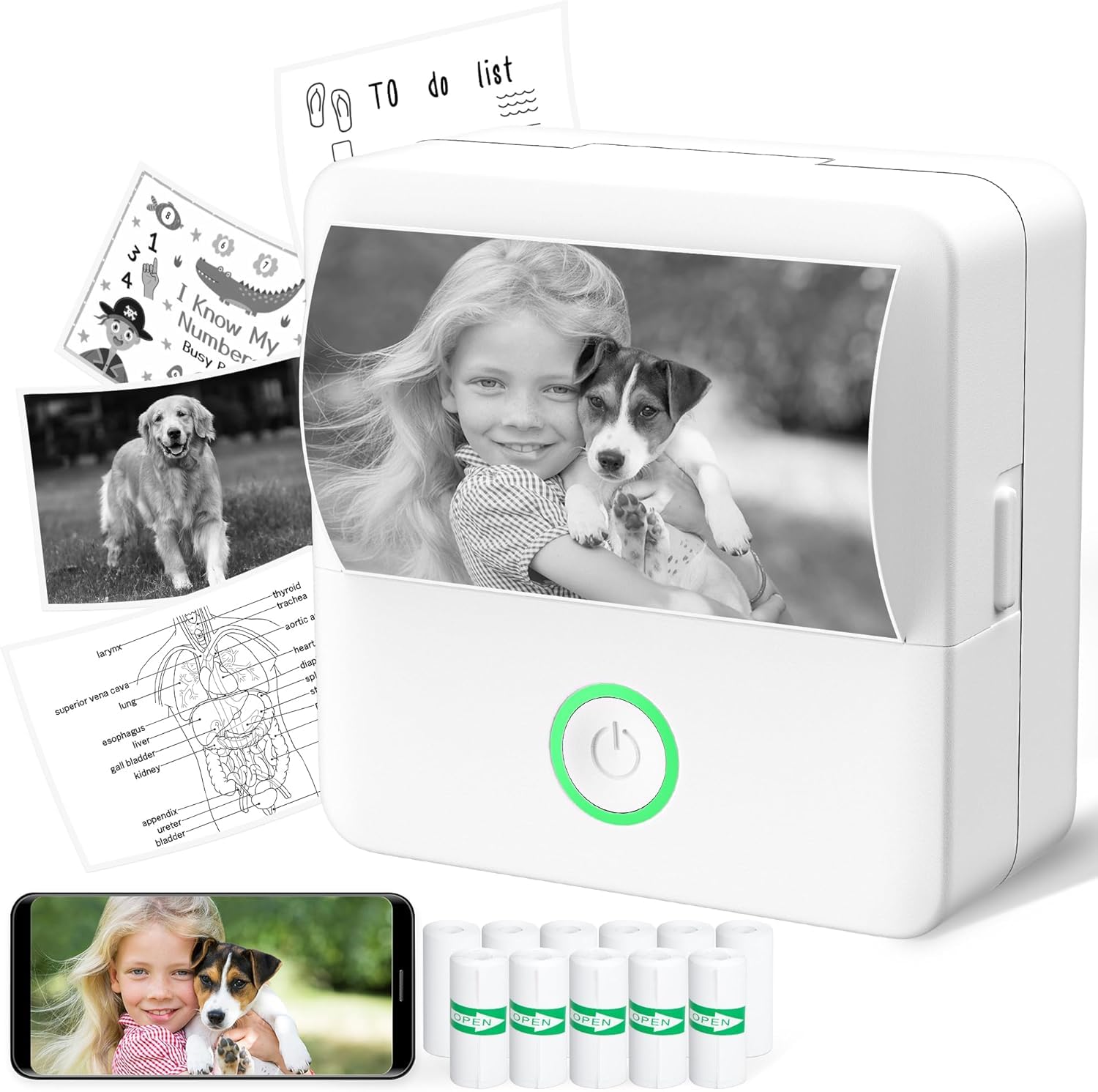 Mini Sticker Printer - Portable Thermal Printer for Phone & Tablet, 6 Roll Papers Included | Inkless Sticker Maker for Study Notes, DIY Crafts, Scrapbooking, Journals & Memos | Perfect for Students, Office & Home Organization (White)