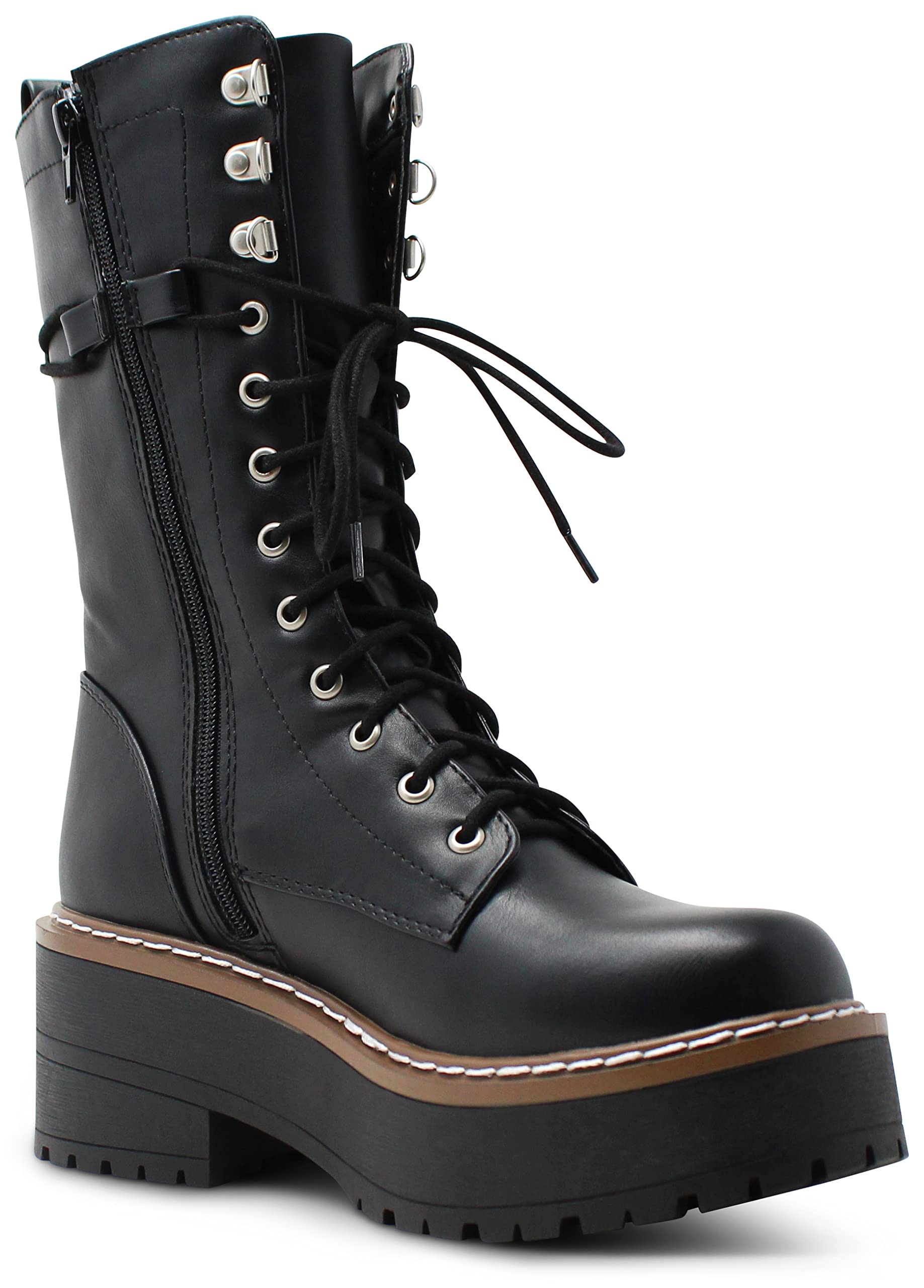 Women's Chunky Heel Combat Boots - Round Toe Mid Calf Lace Up Booties for Casual Wear, Street Style & Fall Fashion | Soda Brand Boots for Women